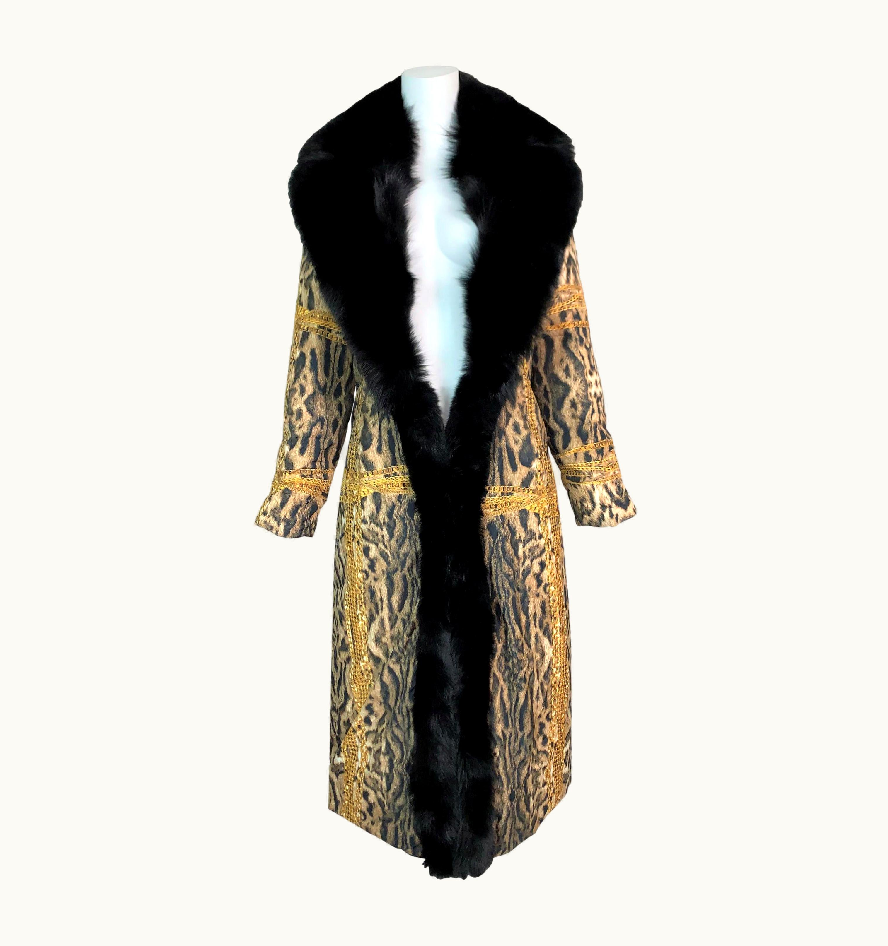 Roberto Cavalli AW 2003 Roberto Cavalli Unisex Leopard & Chains Print Silk Reversible Coat Fur