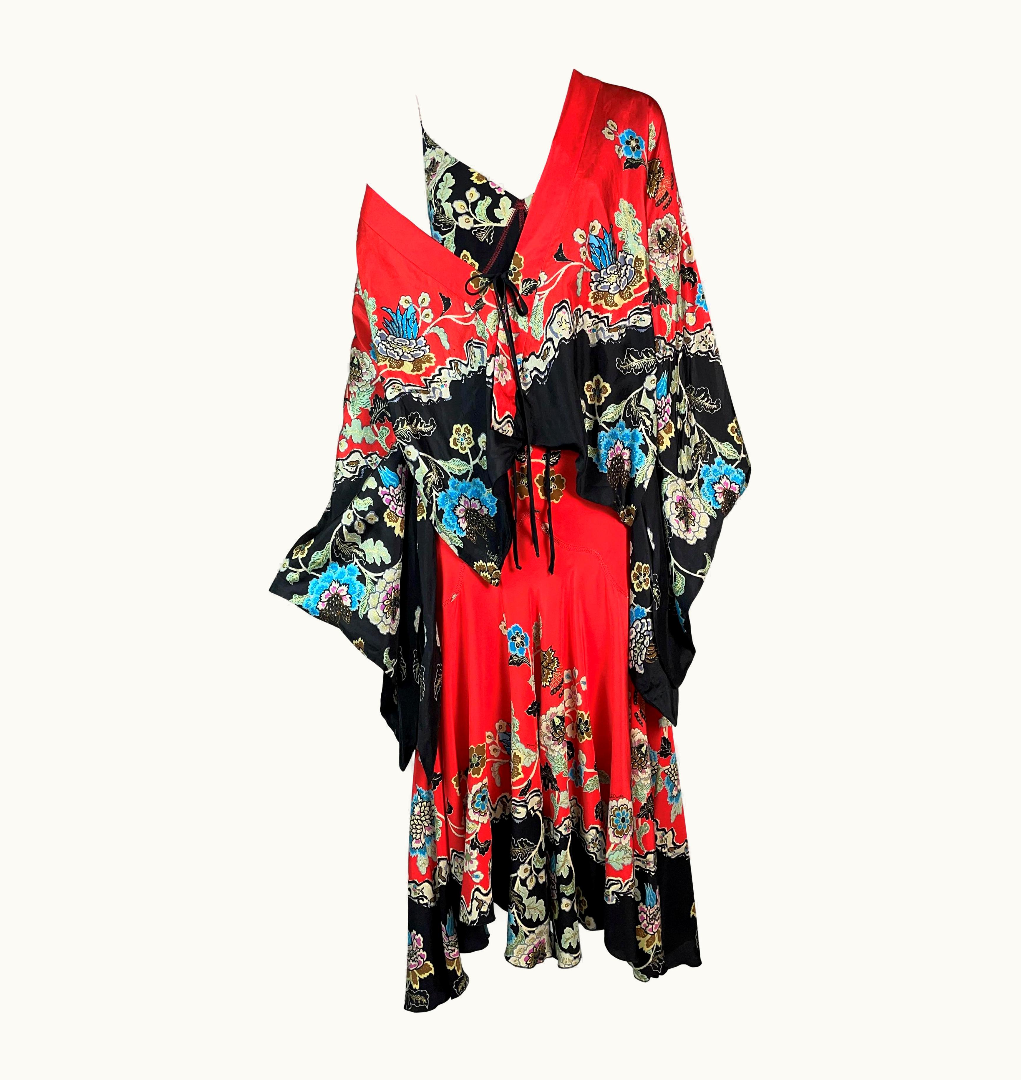 Roberto Cavalli S/S 2003 Roberto Cavalli Black & Red Silk Print Maxi Dress & Kimono Jacket