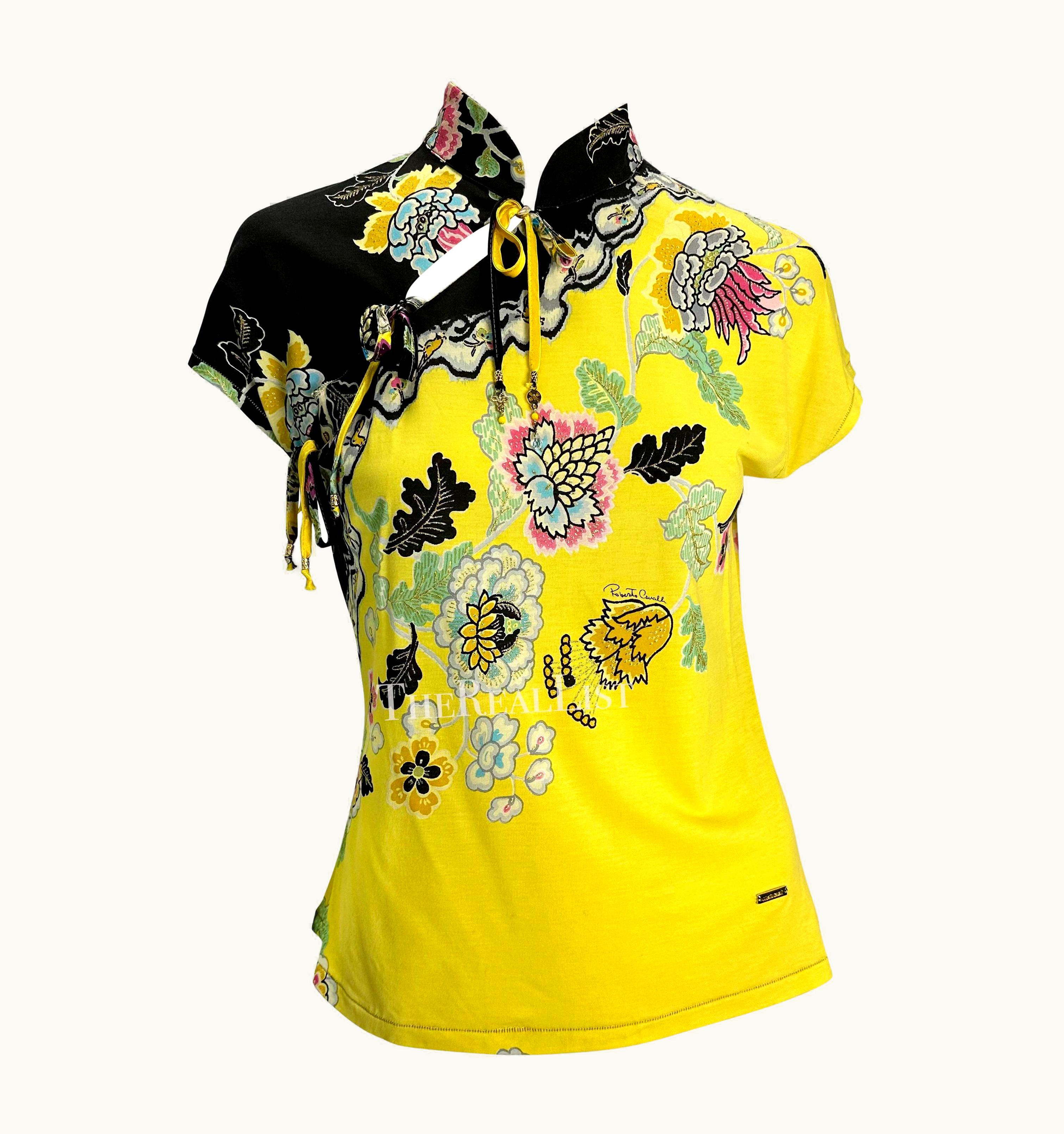 Roberto Cavalli S/S 2003 Roberto Cavalli Yellow Chinoiserie Print Tie Petal Sleeve Top
