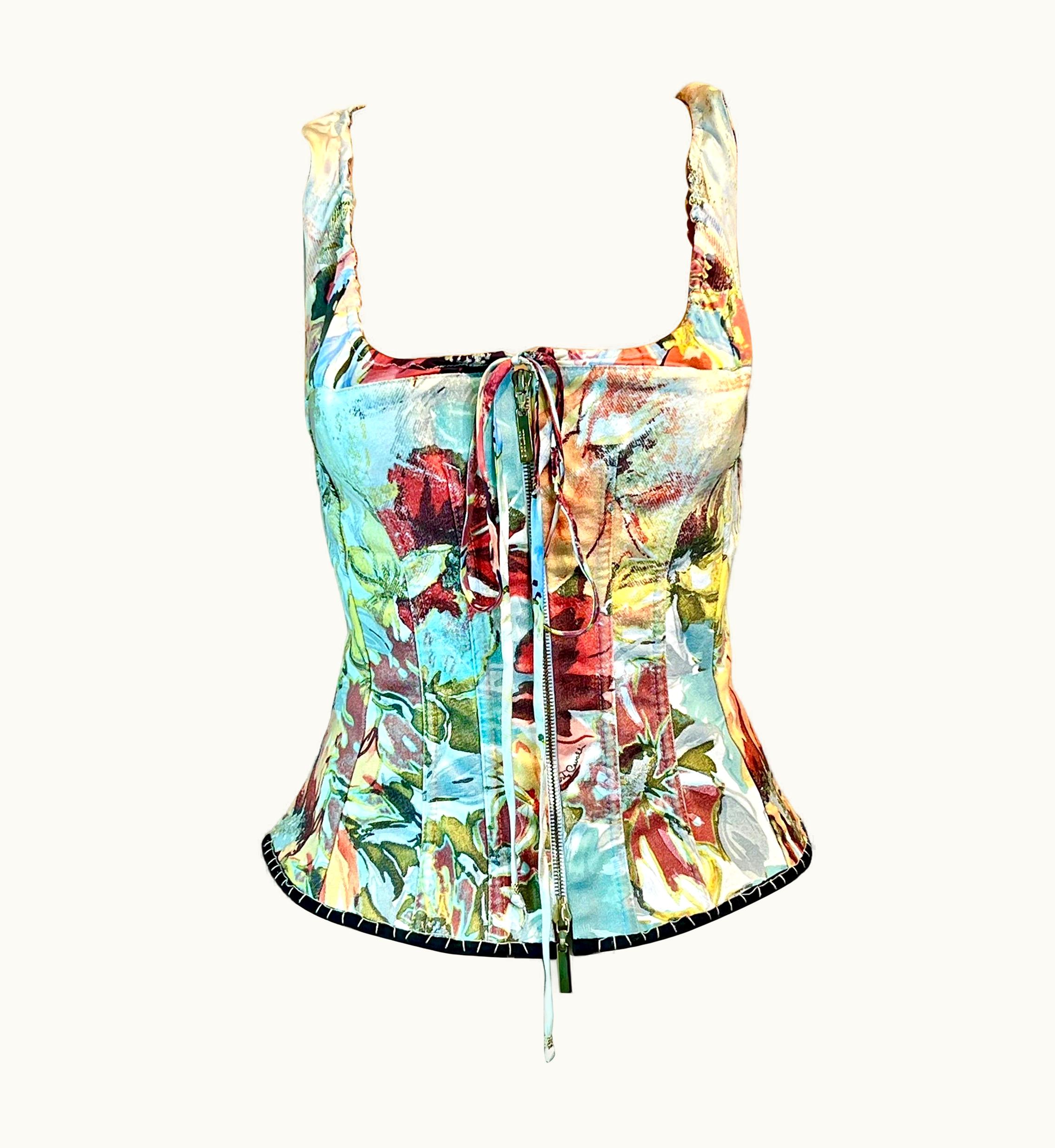 Roberto Cavalli Roberto Cavalli S/S 2003 Bustier Corset Floral Abstract Print Denim Silk Top UZ0603934