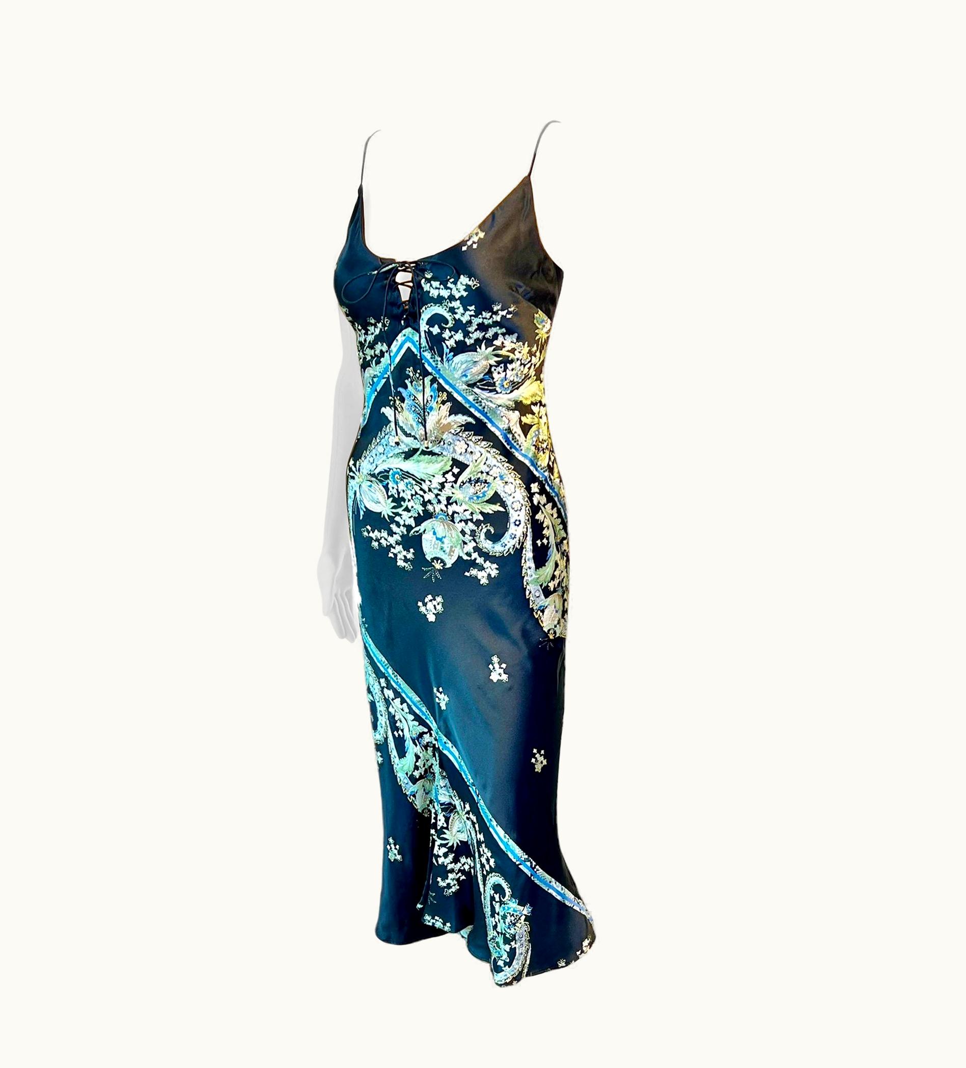 Roberto Cavalli Roberto Cavalli S/S 2003 Lace Up Chinoiserie Print Silk Slip Midi Dress