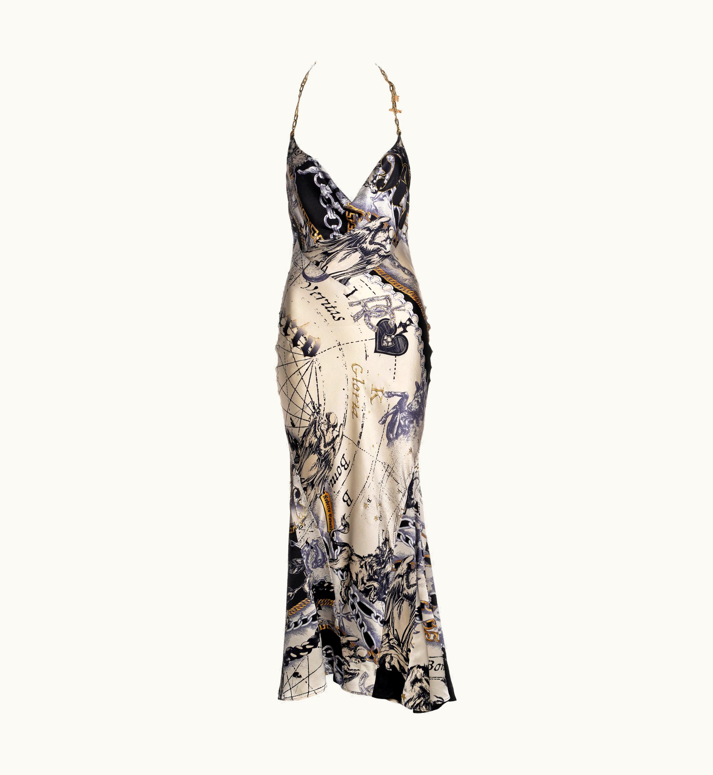 Roberto Cavalli Roberto Cavalli Cream Silk Zodiac Print Evening Dress With Gold Chain, AW 2003