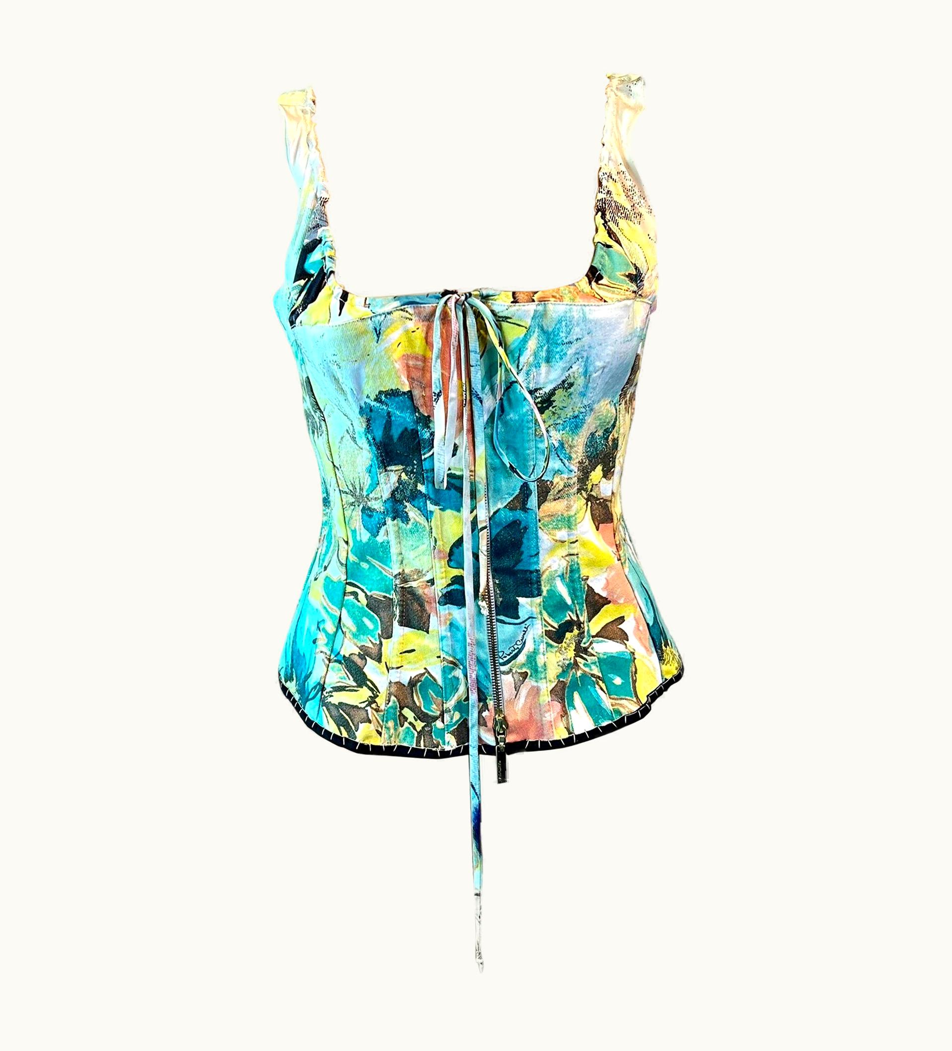 Roberto Cavalli Roberto Cavalli S/S 2003 Bustier Corset Floral Abstract Print Denim Silk Top UZ0603938
