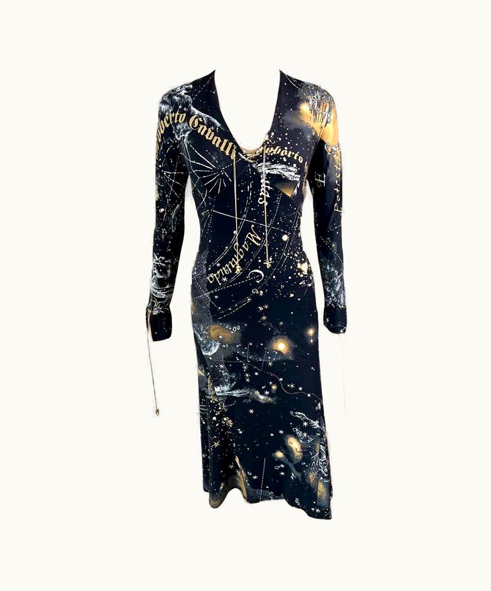 Roberto Cavalli Roberto Cavalli AW 2003 Lace Up Chain Constellation Astrology Print Midi Dress