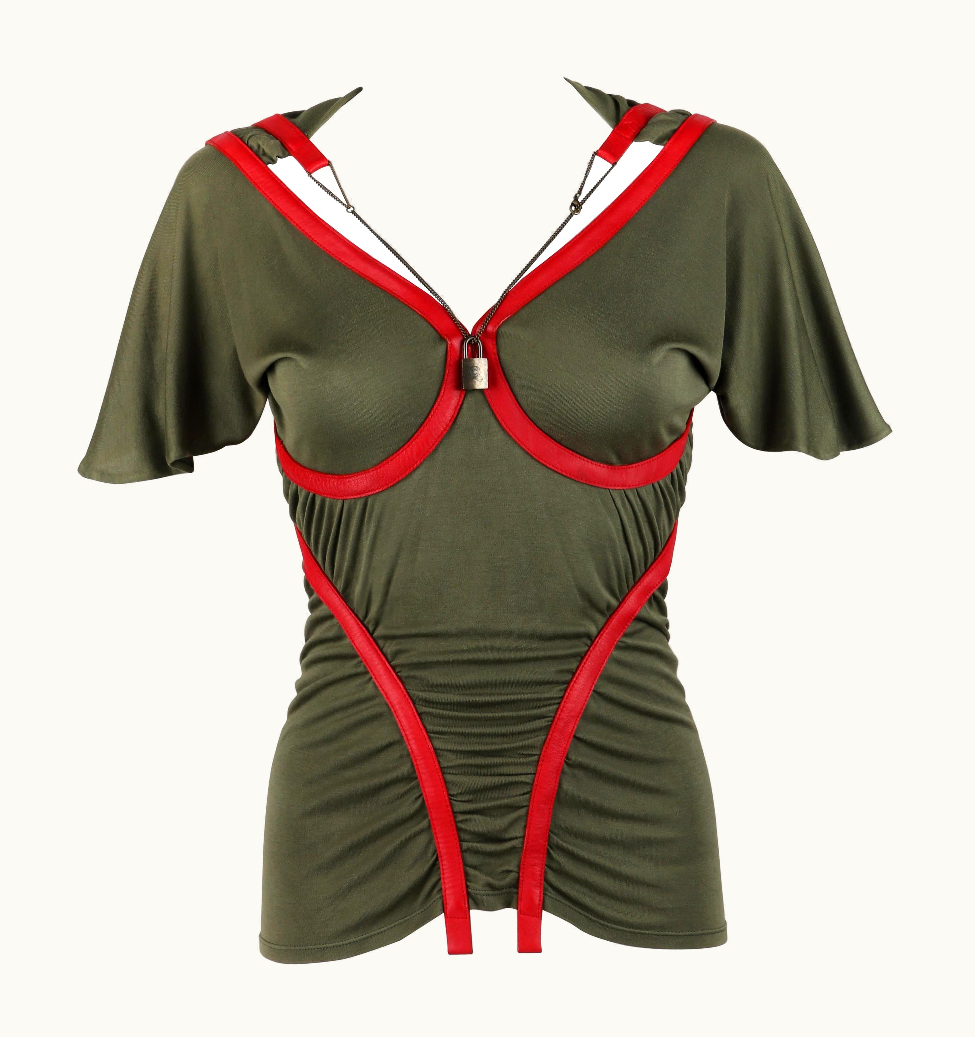 Alexander McQueen Alexander McQUEEN AW 2003 "Scanners" Green Red Leather Ruched Lock Necklace Top