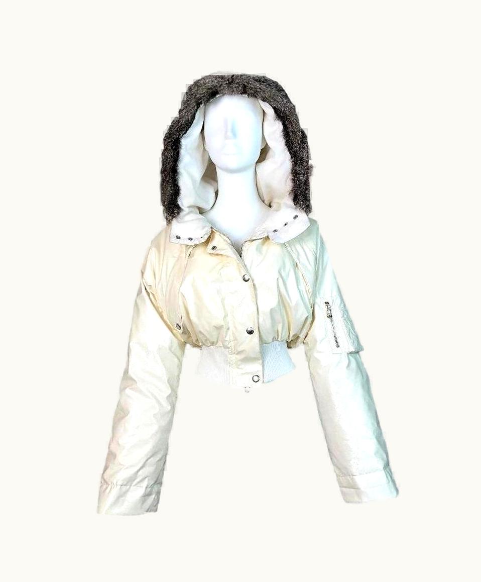 Dolce & Gabbana AW 2003 Dolce & Gabbana Shiny Off White Cropped Puffer Coat Jacket W Fur