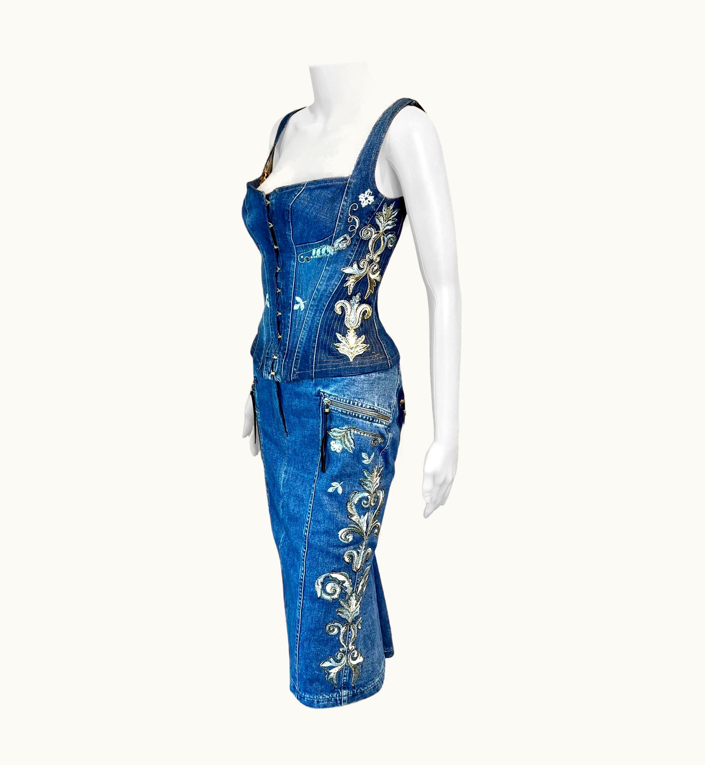 Roberto Cavalli Roberto Cavalli S/S 2003 Embroidered Corset Bustier Denim Top &Skirt 2 Piece Set