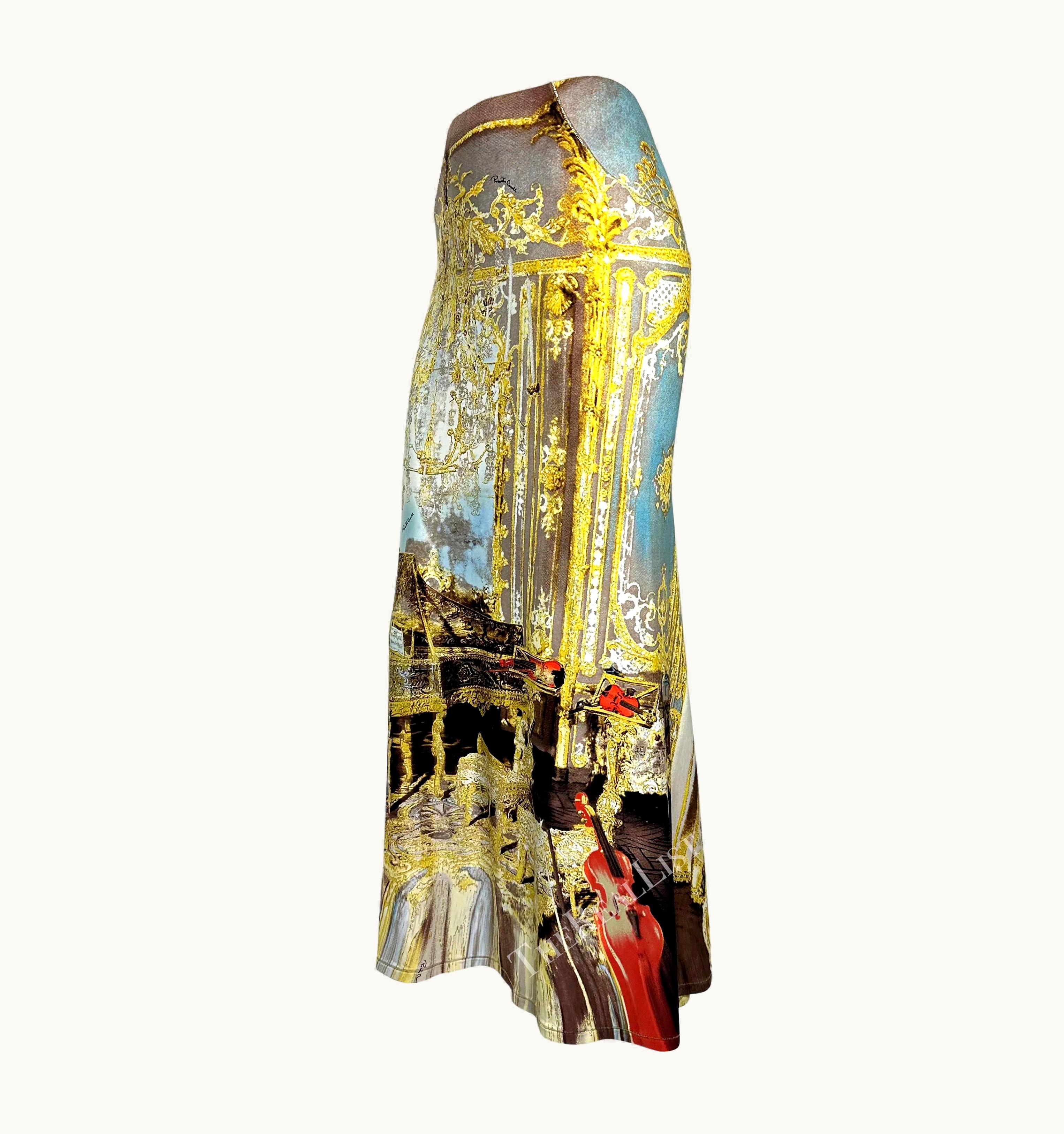 Roberto Cavalli Nwt S/S 2003 Roberto Cavalli Baroque Print Gold Glitter Maxi Flare Bodycon Skirt