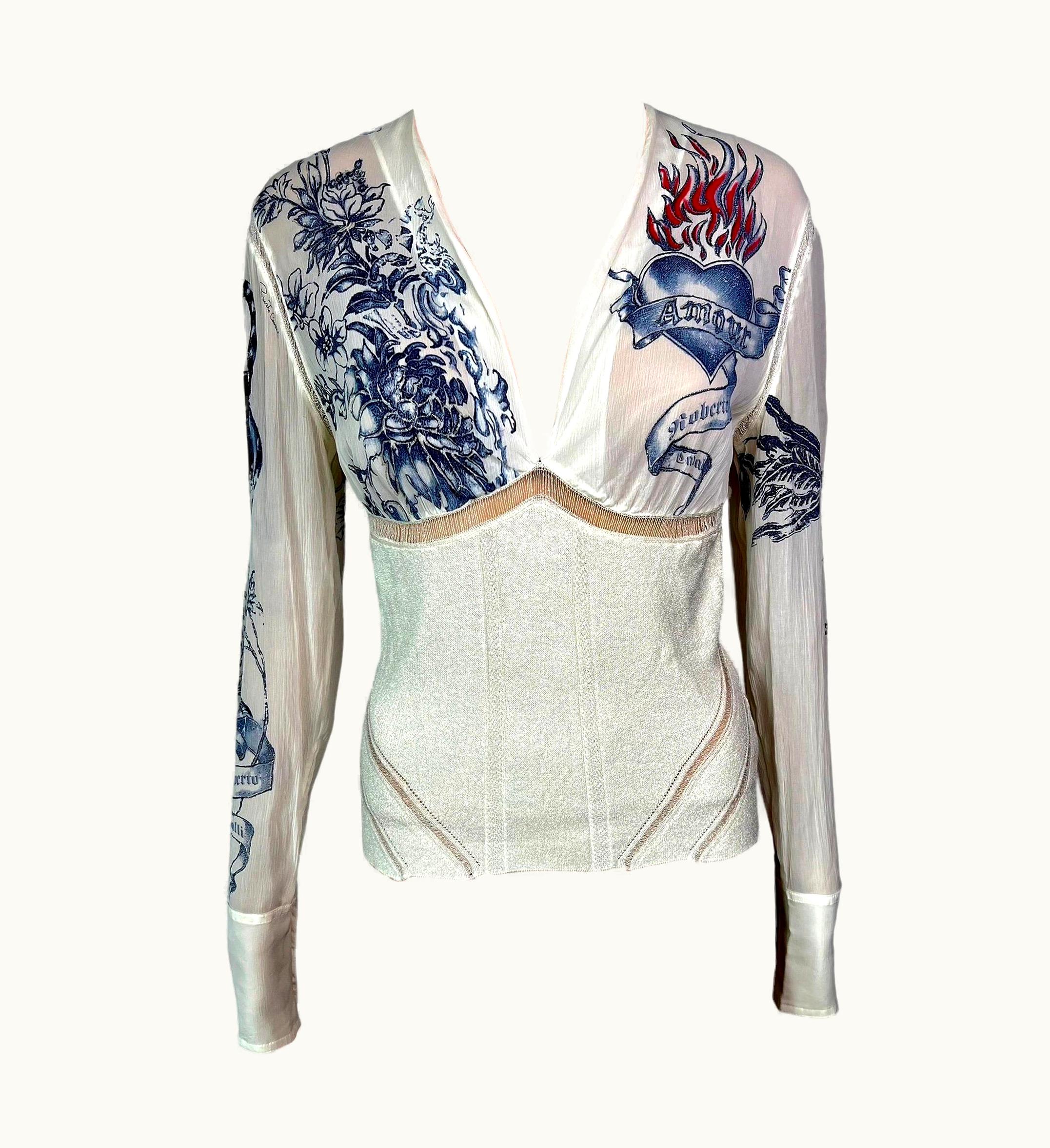 Roberto Cavalli Roberto Cavalli S/S 2003 Tattoo Print Plunging Silk Knit Sheer Panels Blouse Top