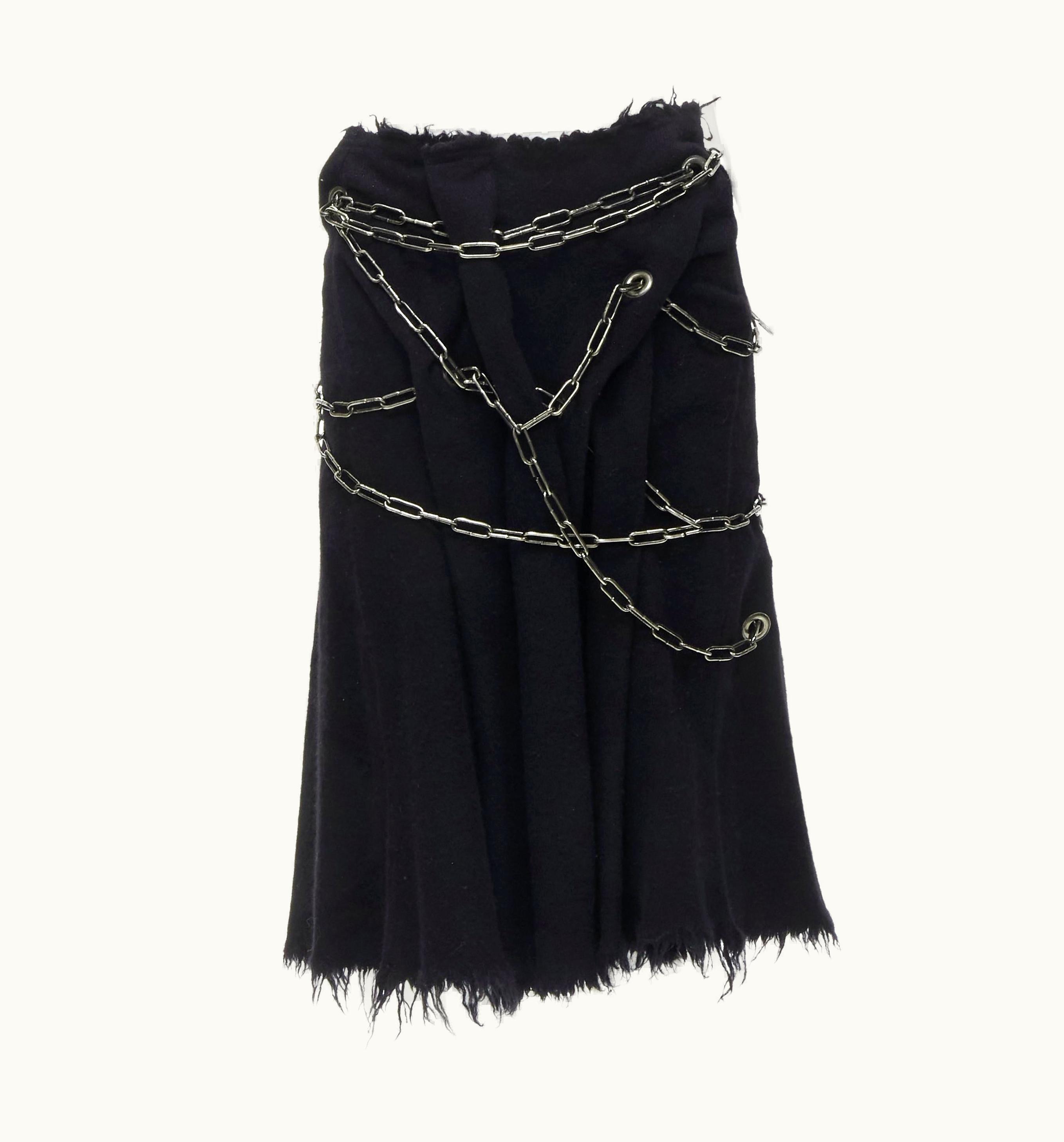 Junya Watanabe Junya Watanabe 2003 Black Boiled Wool Frayed Edge Silver Punk Chain Midi Skirt