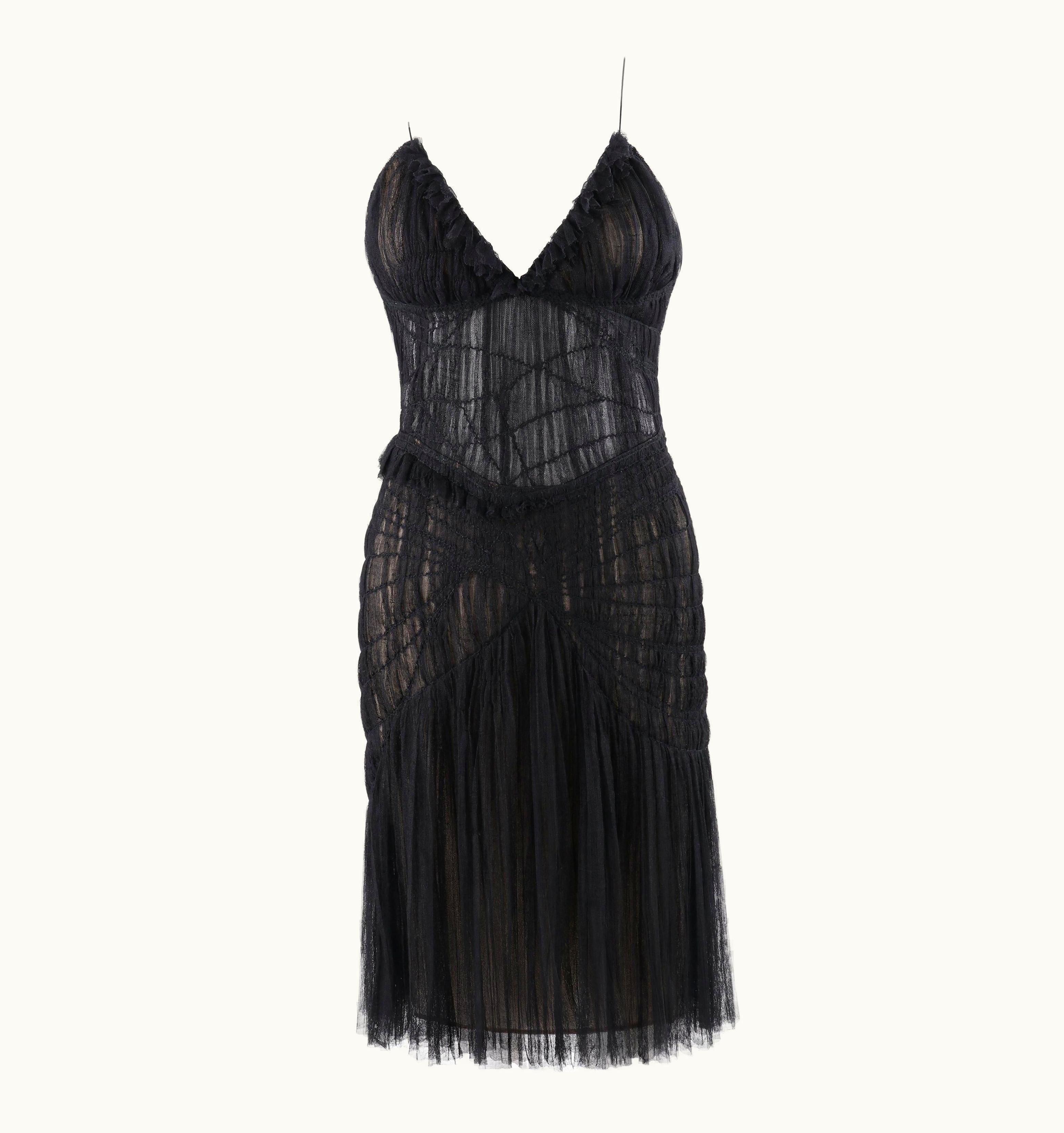 Alexander McQueen Alexander McQUEEN S/S 2003 "Irere" Black Gathered Layer Tulle Mesh V Neck Dress