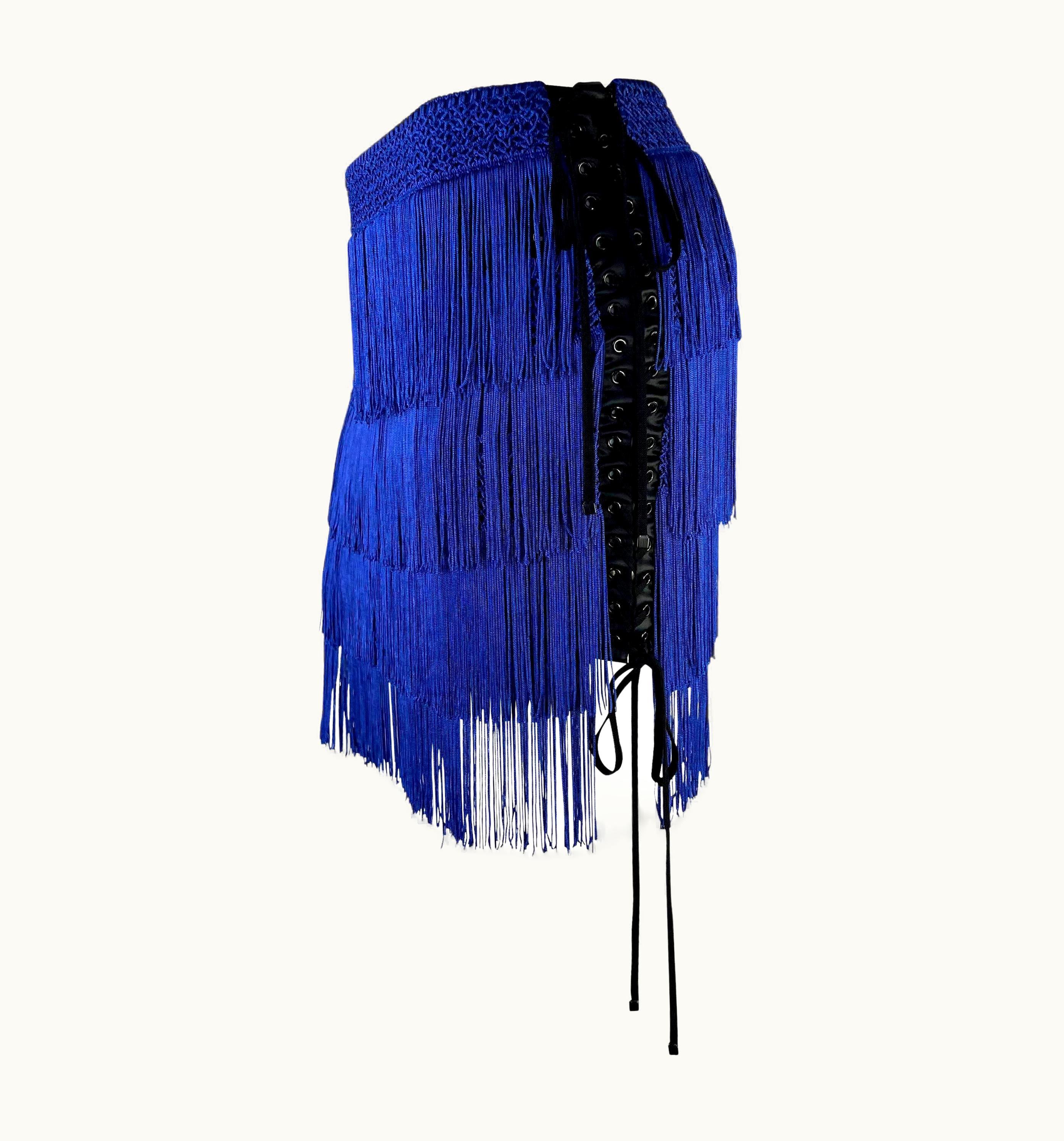 Dolce & Gabbana Nwt AW 2003 Dolce & Gabbana Runway Blue Fringe Lace-Up Corset Mini Skirt