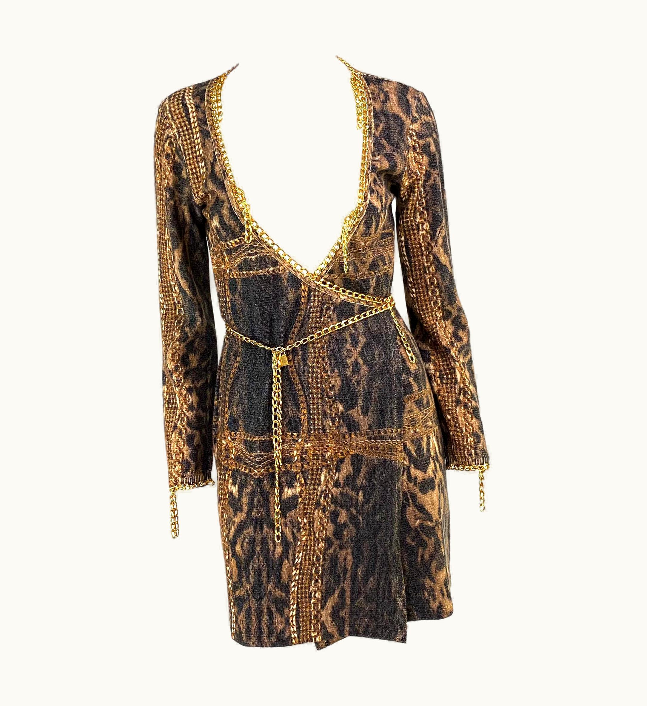 Roberto Cavalli AW 2003 Roberto Cavalli Gold Chain Lock Belt Animal Print Knit Wrap Dress