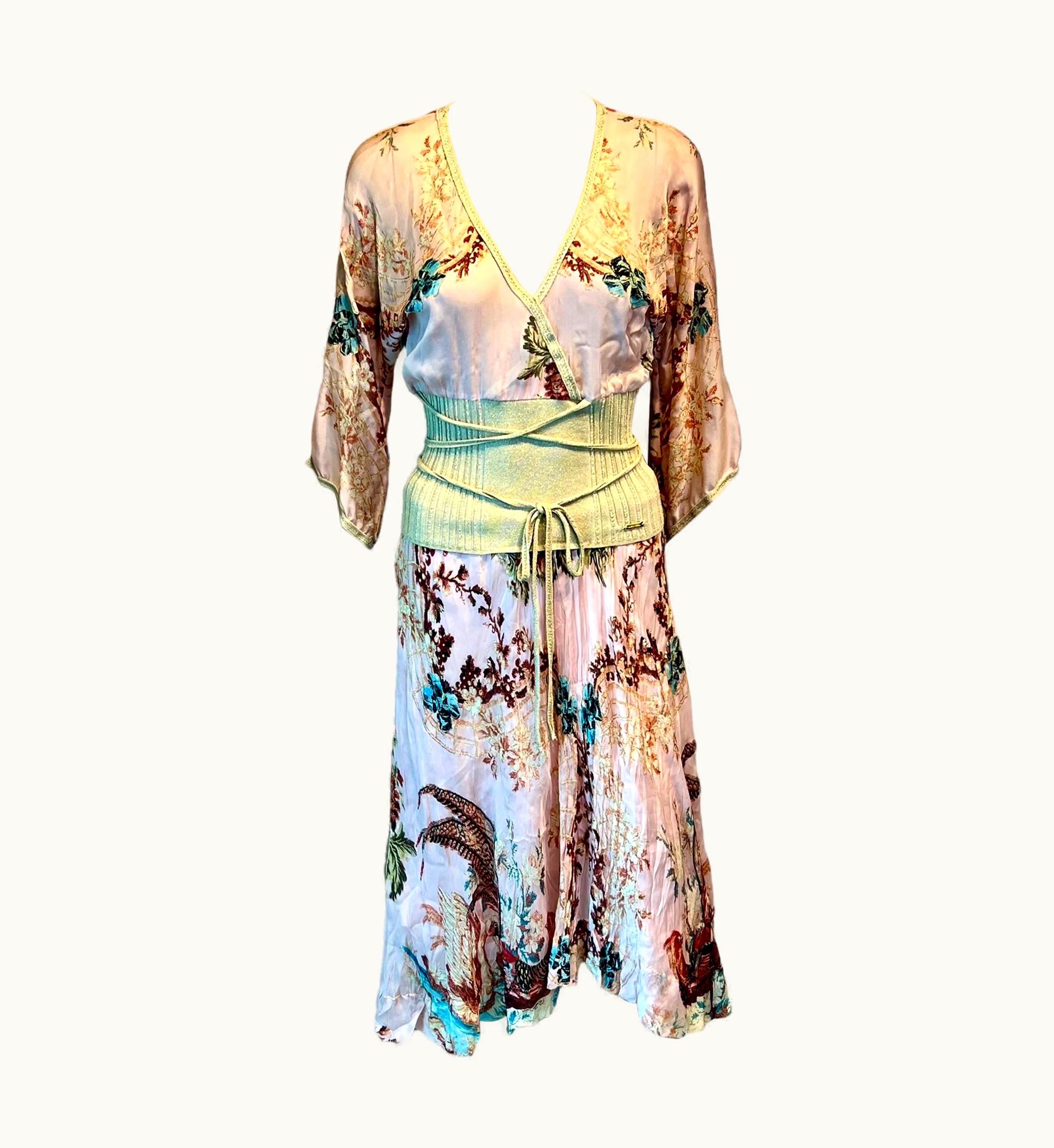 Roberto Cavalli Roberto Cavalli S/S 2003 Chinoiserie Print Blouse Top And Midi Skirt 2 Piece Set