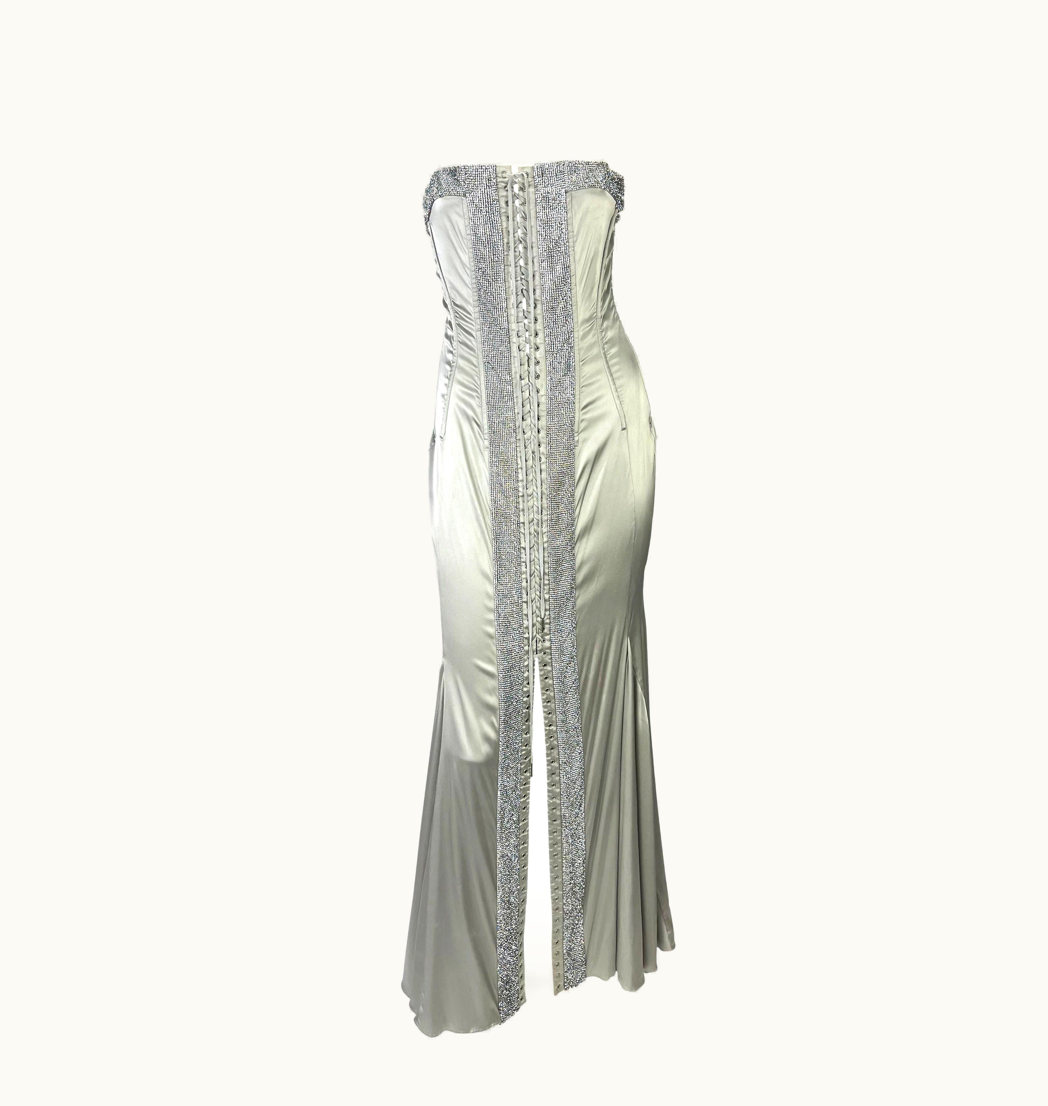 Dolce & Gabbana S/S 2004 Dolce & Gabbana Runway Rhinestone Lace-Up Silver Stretch Satin Gown