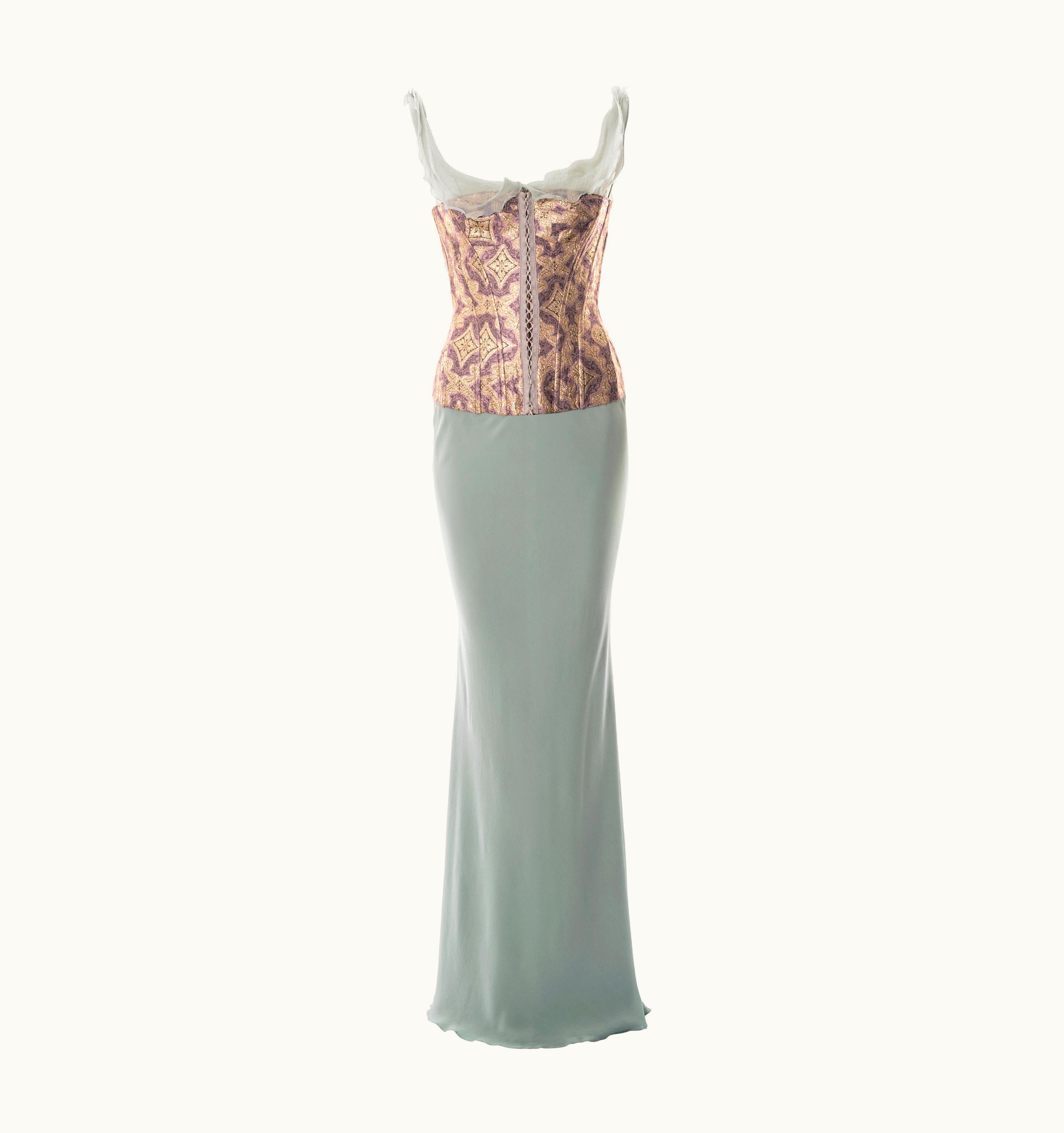 John Galliano John Galliano Teal Bias Cut Silk Evening Dress With Brocade Corset, S/S 2003