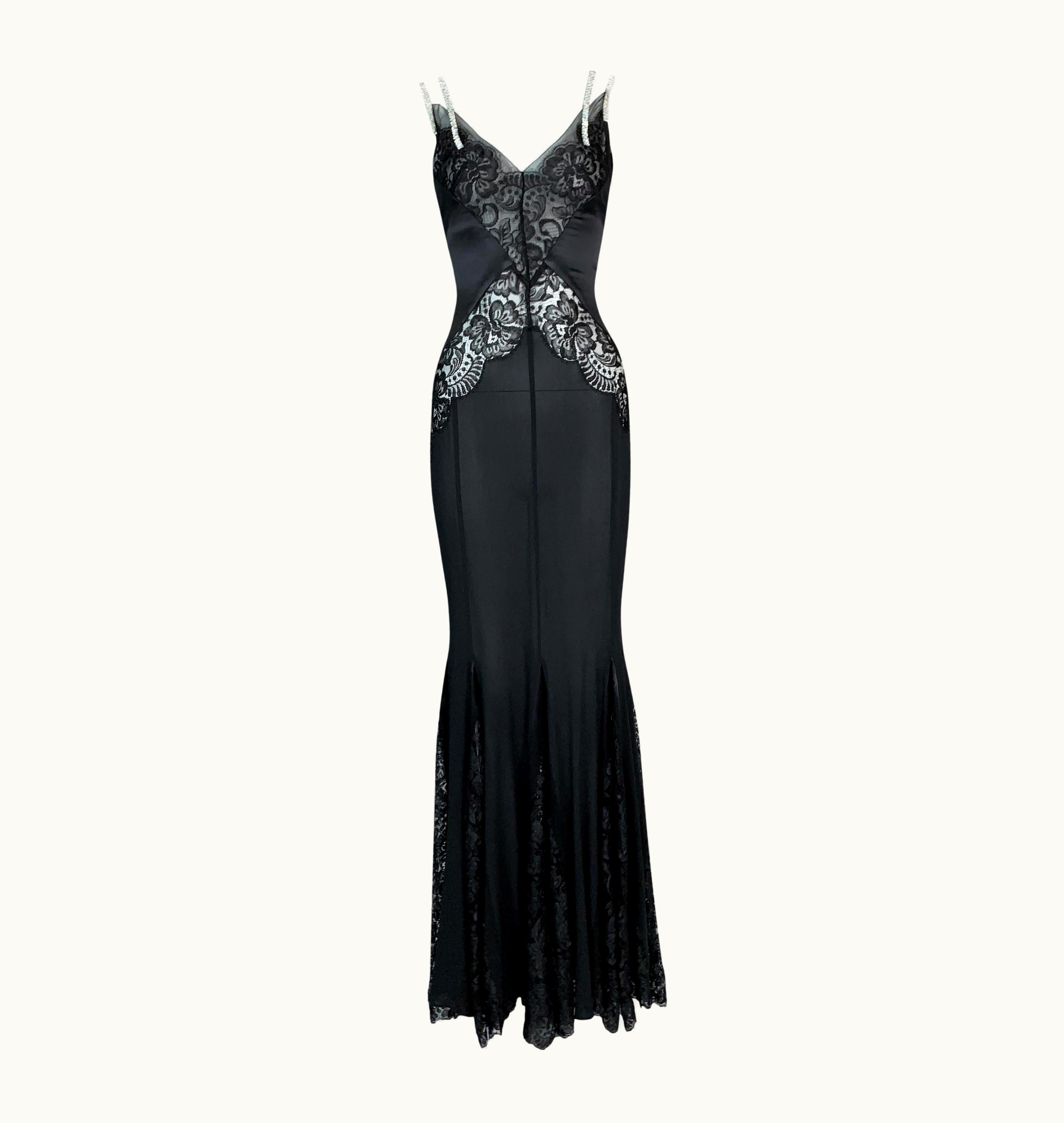 Dolce & Gabbana AW 2004 Dolce & Gabbana Sheer Black Lace & Silk Crystal Straps Gown Dress