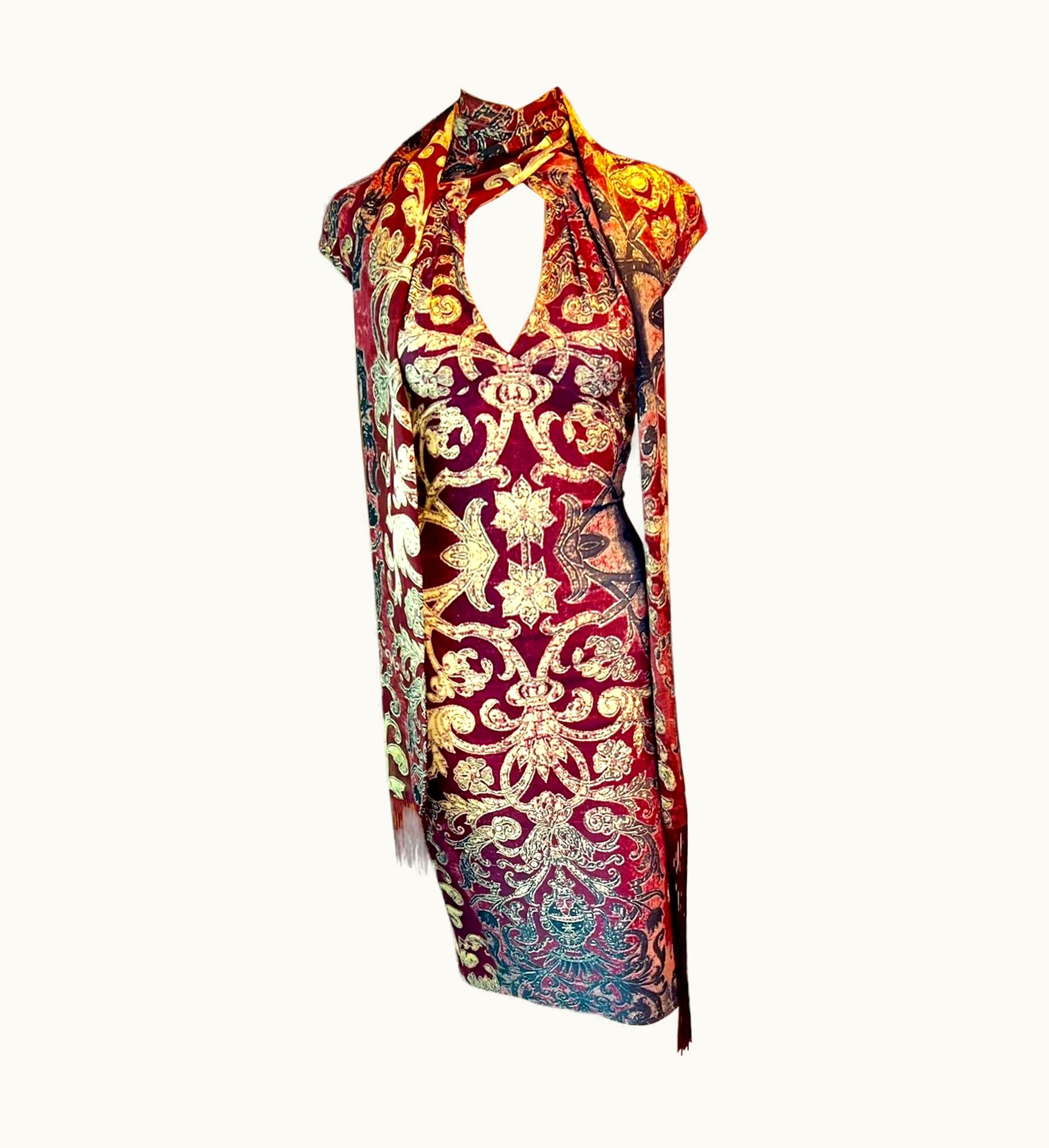 Roberto Cavalli Roberto Cavalli AW 2004 Runway Red Gold Brocade Print Bodycon Fringe Scarf Dress