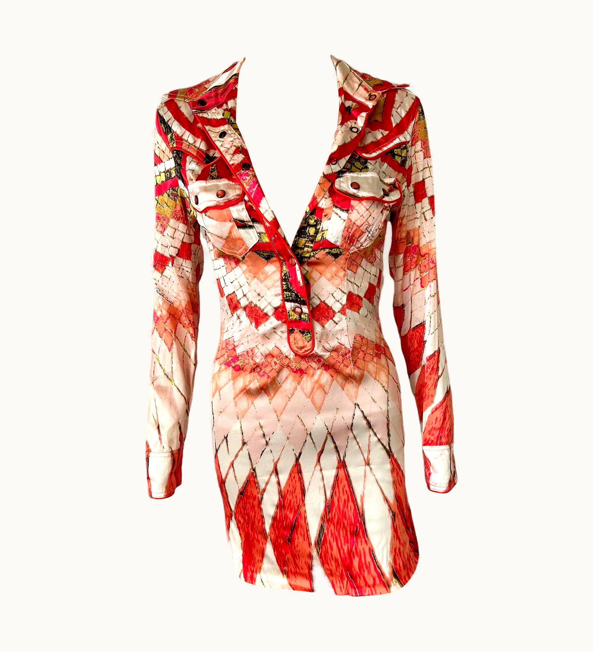 Roberto Cavalli Roberto Cavalli S/S 2004 Runway Plunging Neckline Button Up Mini Shirt Dress
