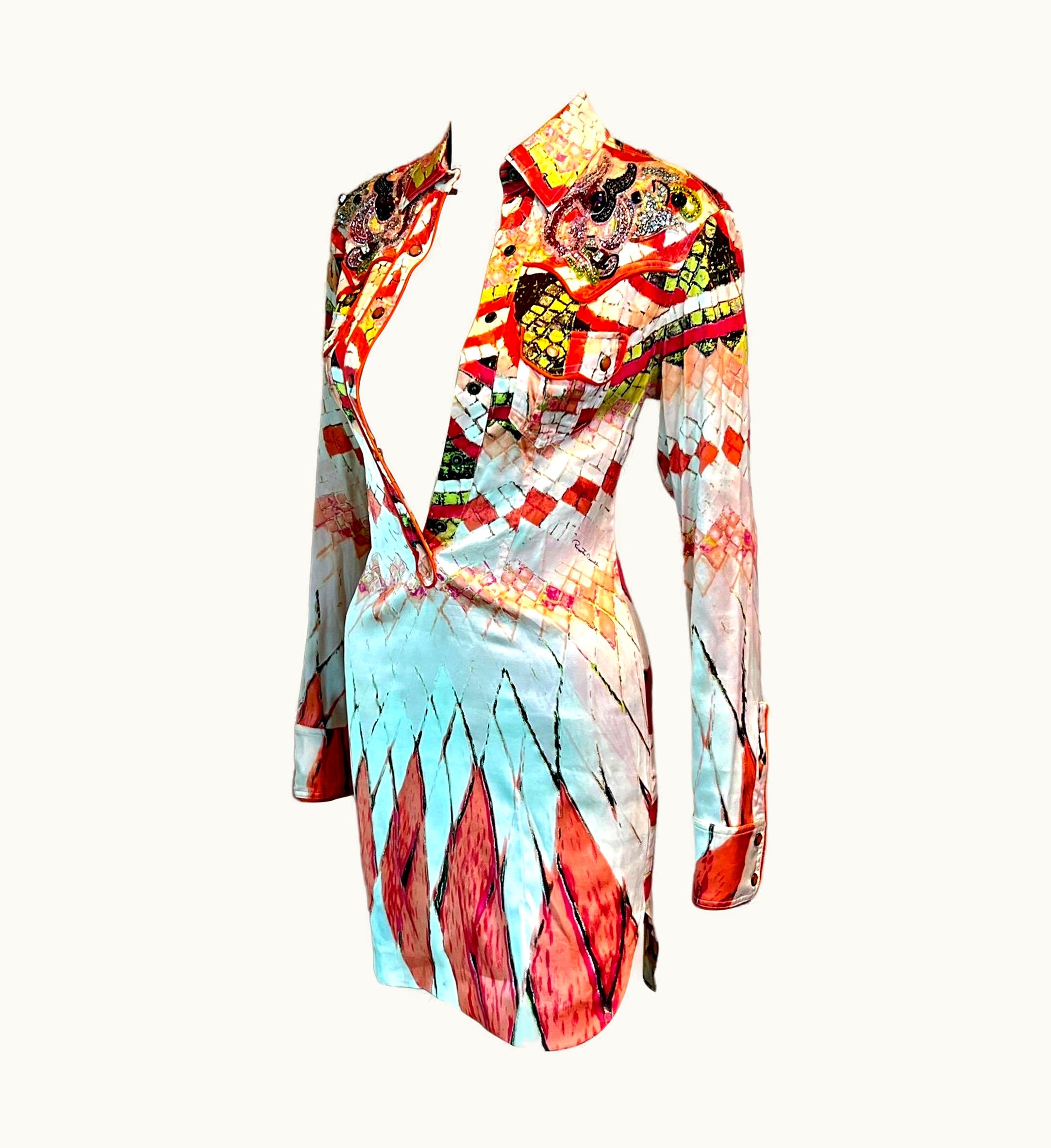 Roberto Cavalli Roberto Cavalli S/S 2004 Runway Embellished Plunging Button Up Mini Shirt Dress