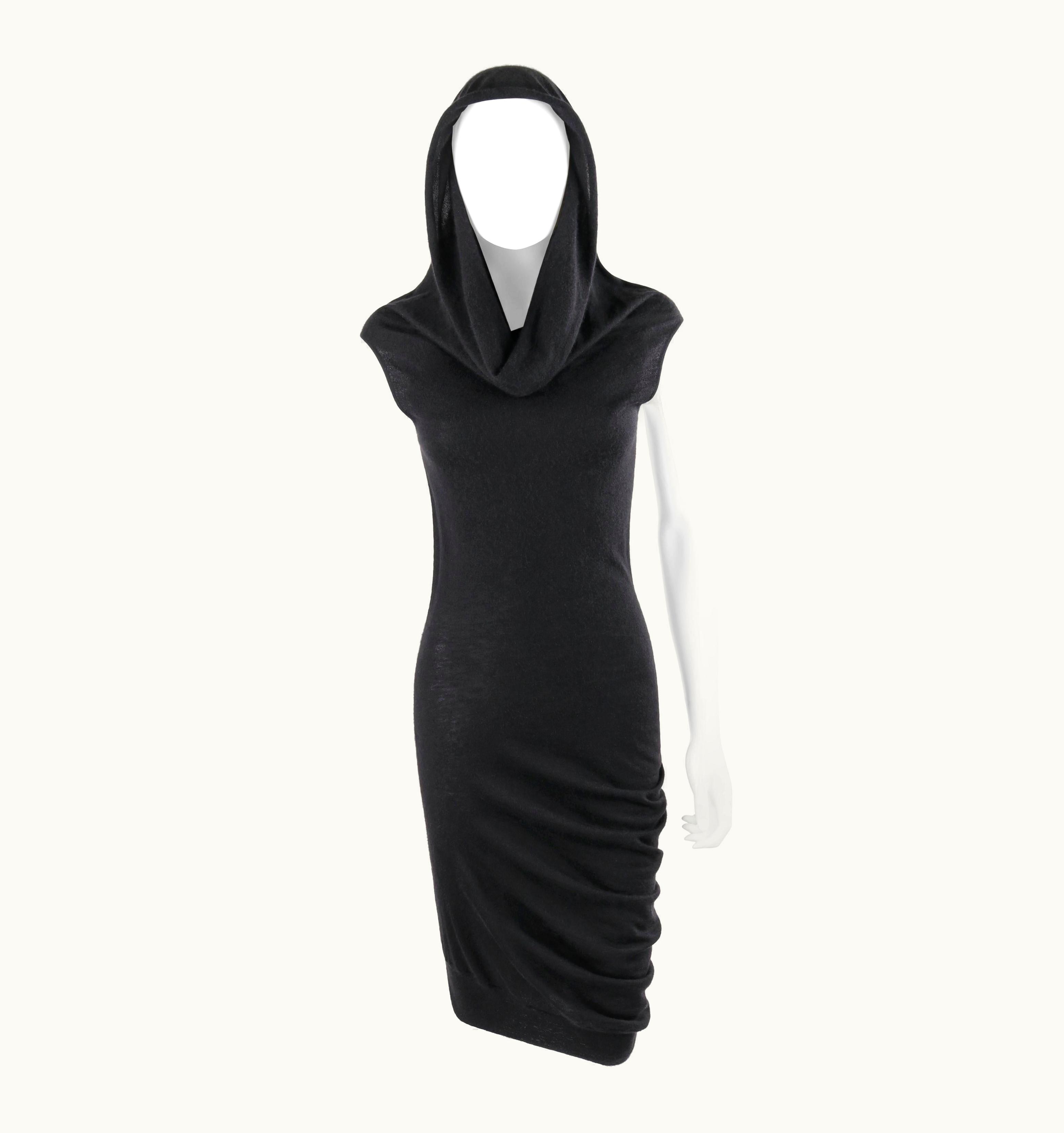 Alexander McQueen Alexander McQUEEN AW 2004 Black Asymmetric Cowl Neck Draped Hooded Knit Dress