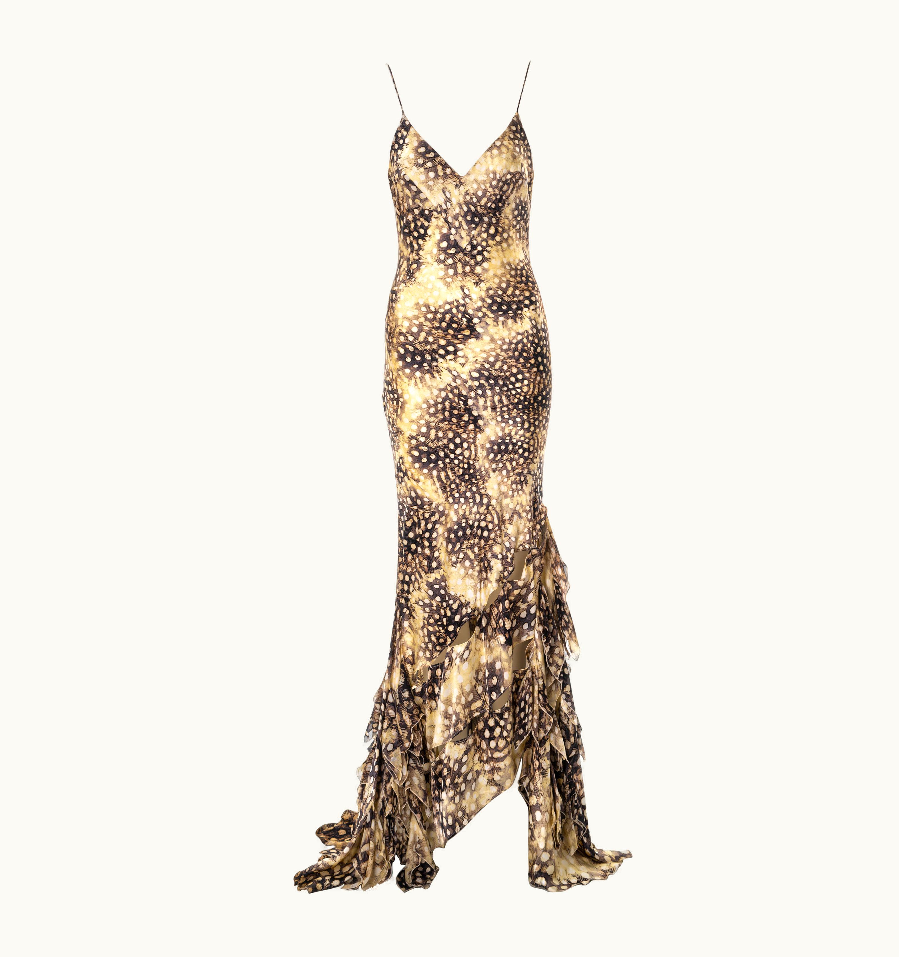 Roberto Cavalli Roberto Cavalli Feather Print Bias-cut Silk Evening Dress With Train, S/S 2004