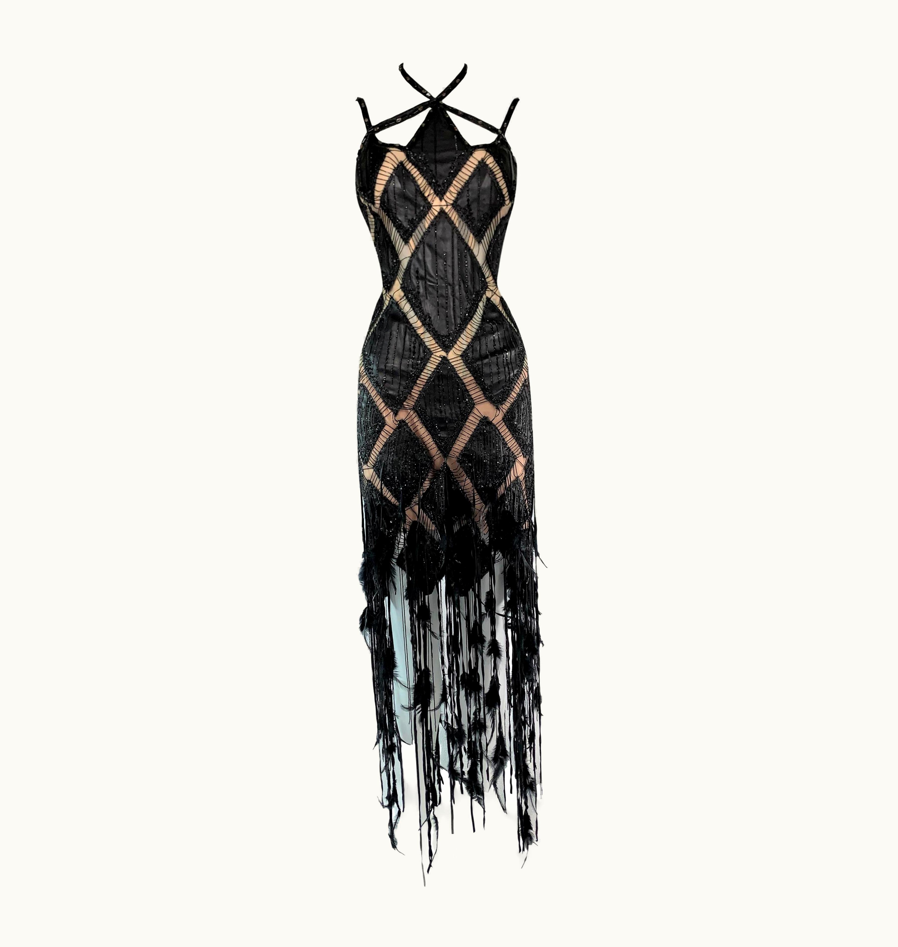 Roberto Cavalli S/S 2004 Roberto Cavalli Runway Black Leather Cut-Out Fringe Corset Dress