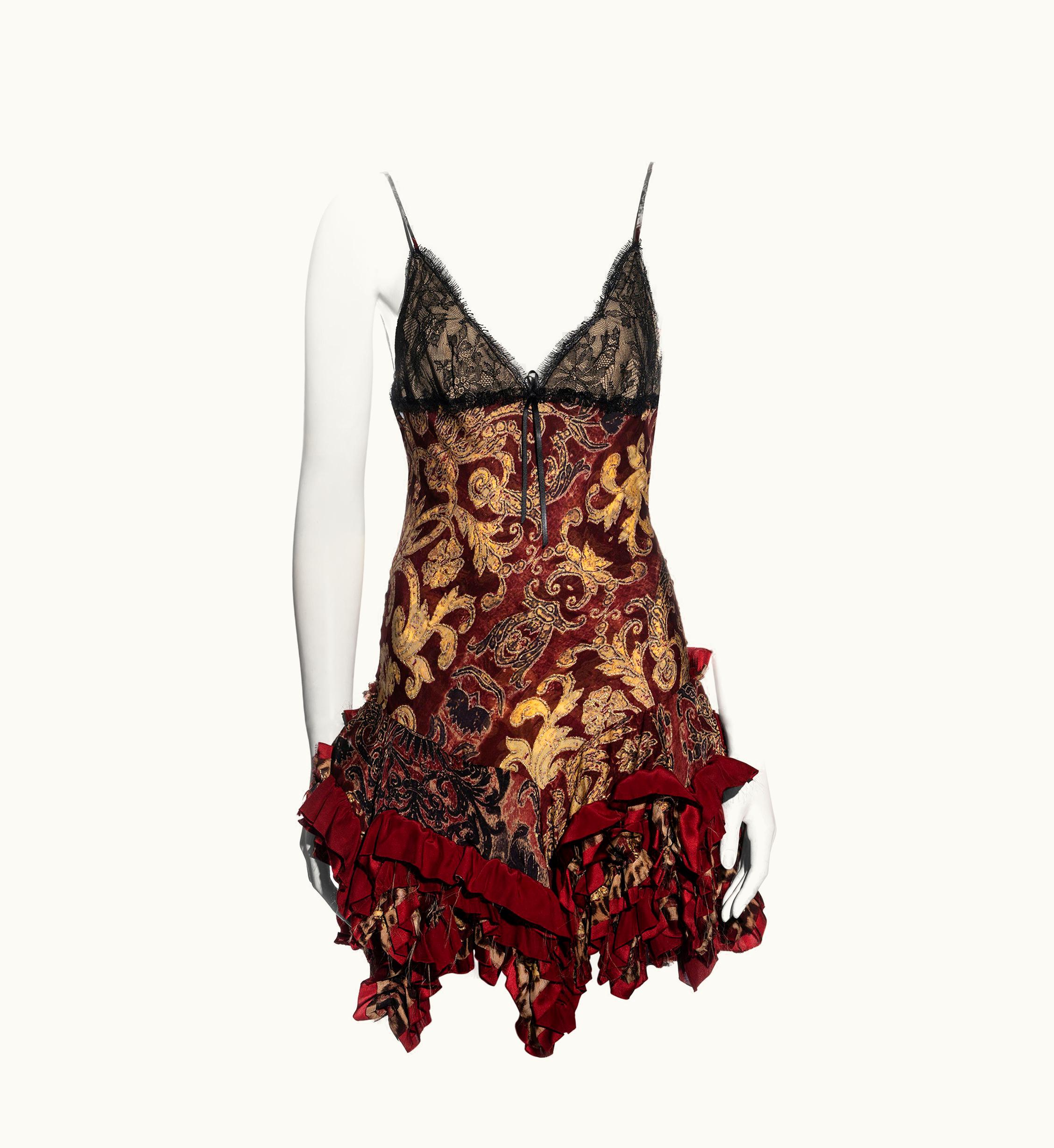 Roberto Cavalli Roberto Cavalli Red And Gold Brocade-print Silk Evening Slip Dress, AW 2004