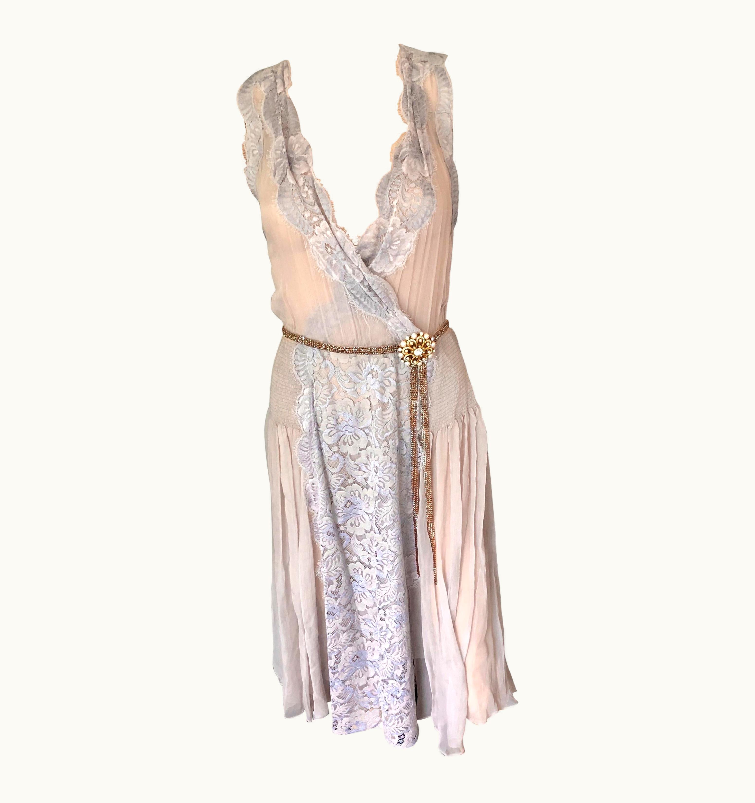 Dolce & Gabbana Dolce & Gabbana S/S 2004 Sheer Embellished Crystal Belt Lace Silk Dress