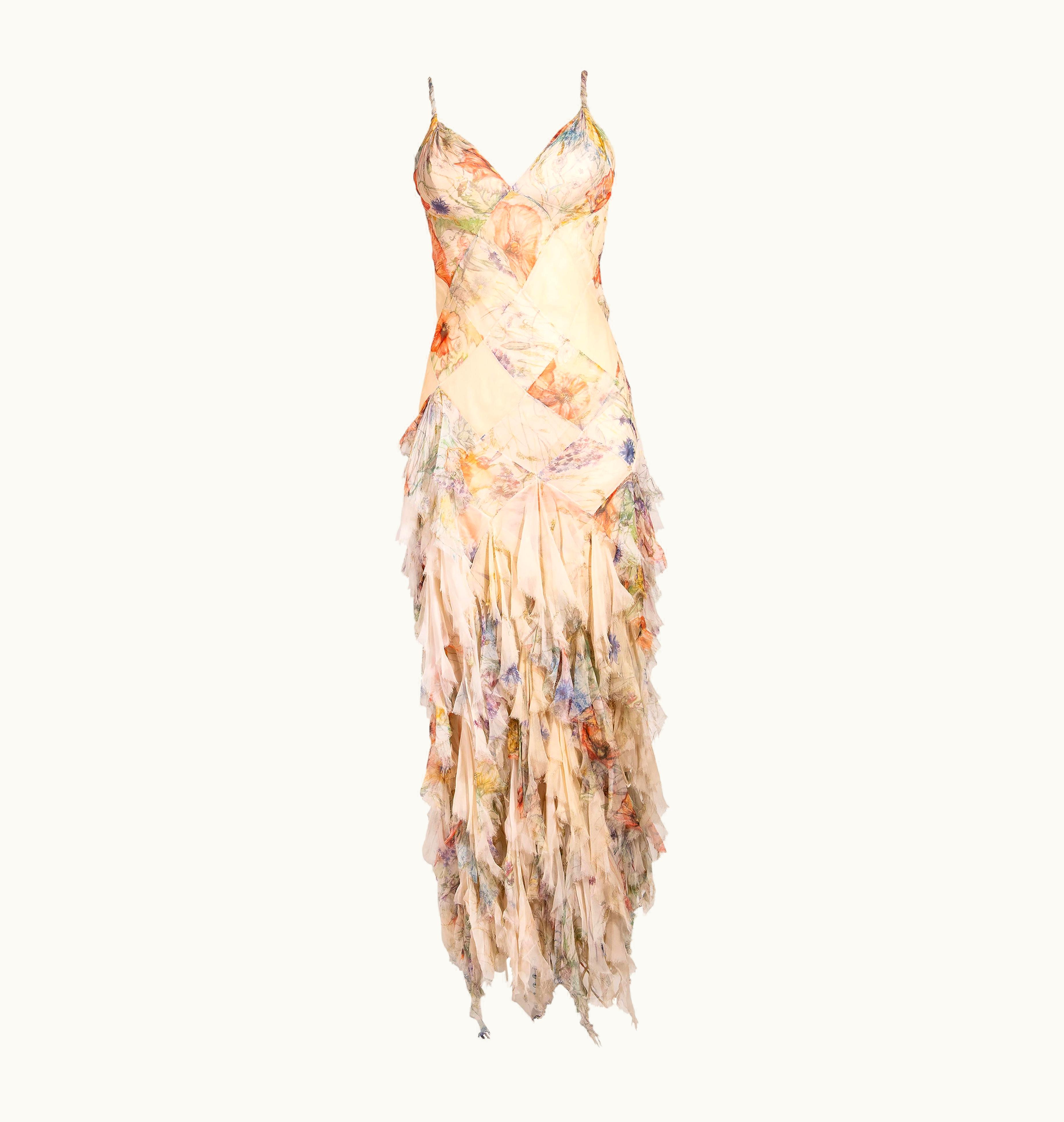 Alexander McQueen S/S 2004 Alexander McQueen Floral Print Bias Cut Silk Chiffon Flutter Gown
