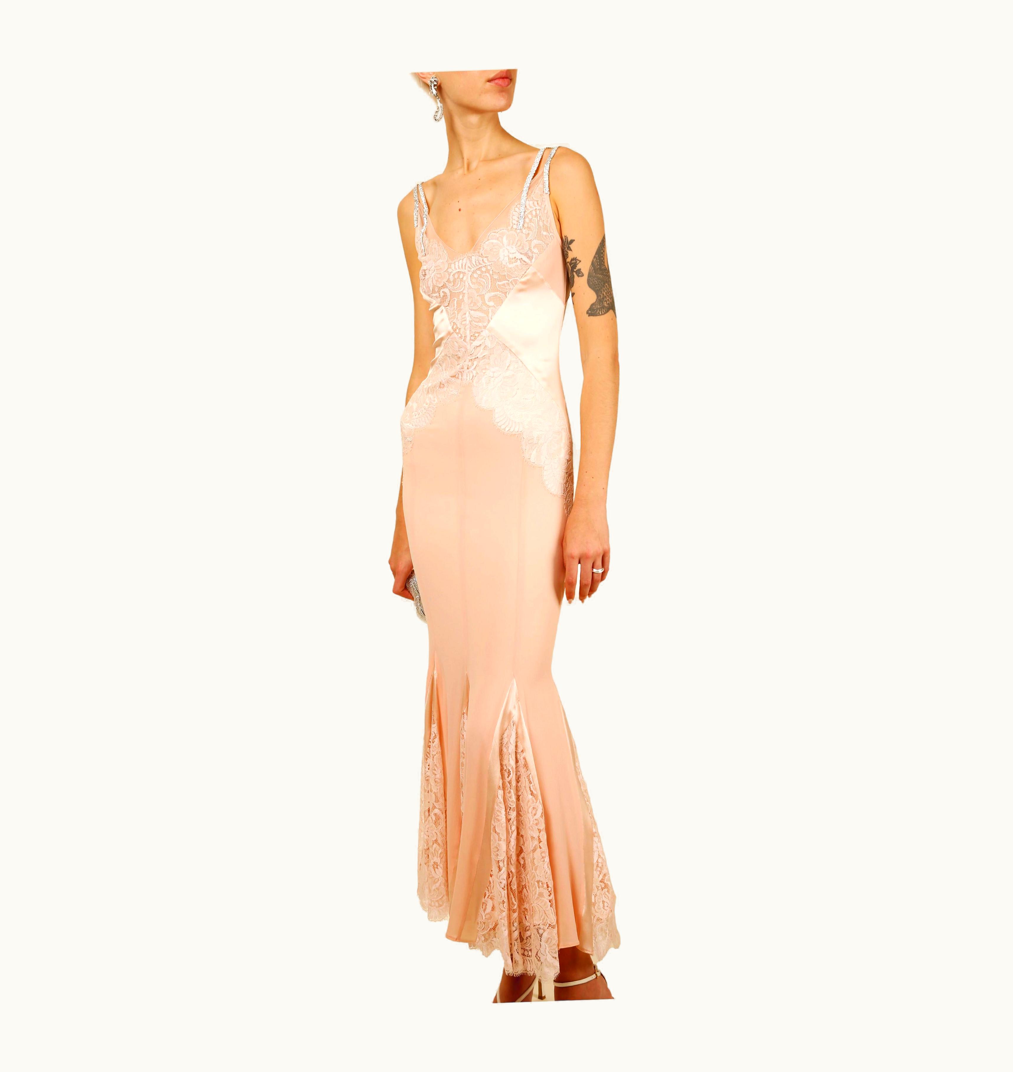 Dolce & Gabbana Dolce & Gabbana AW 2004 Sheer Pink Lace Silk Crystal Strap Dress Gown