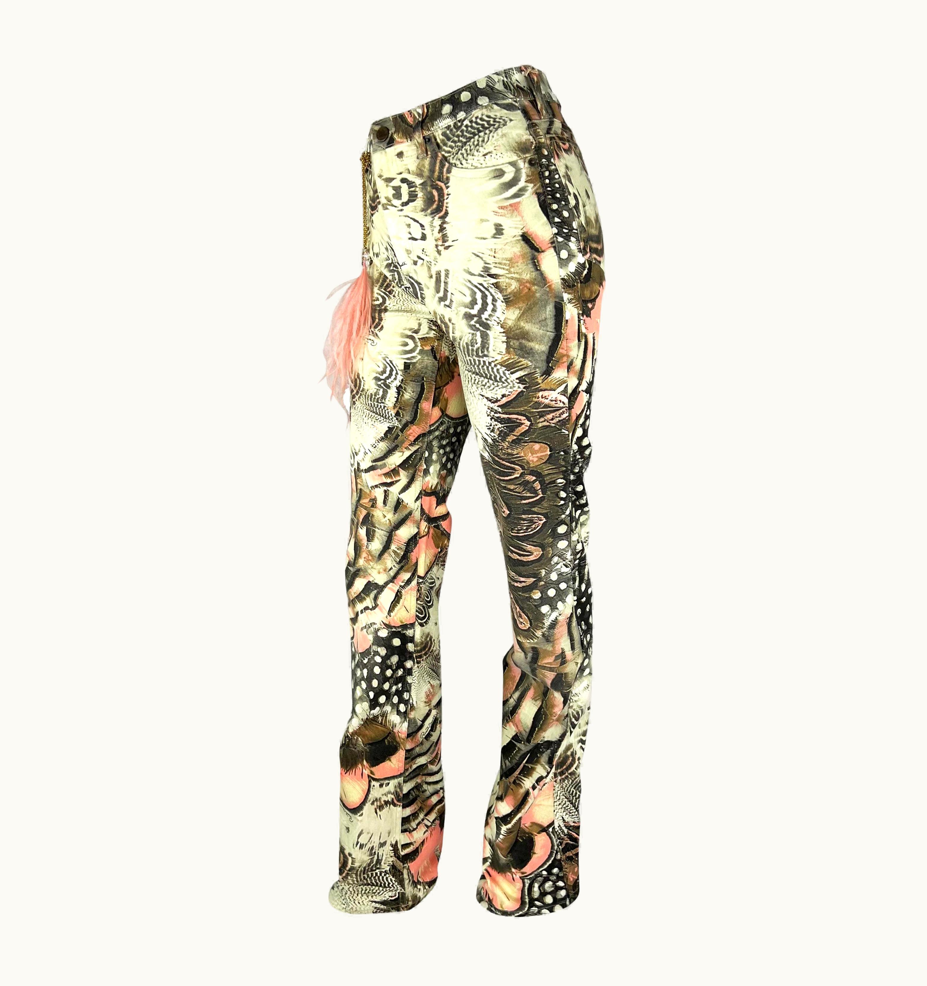 Roberto Cavalli Nwt S/S 2004 Roberto Cavalli Pink Feather Print Crystal Ostrich Pendant Jeans
