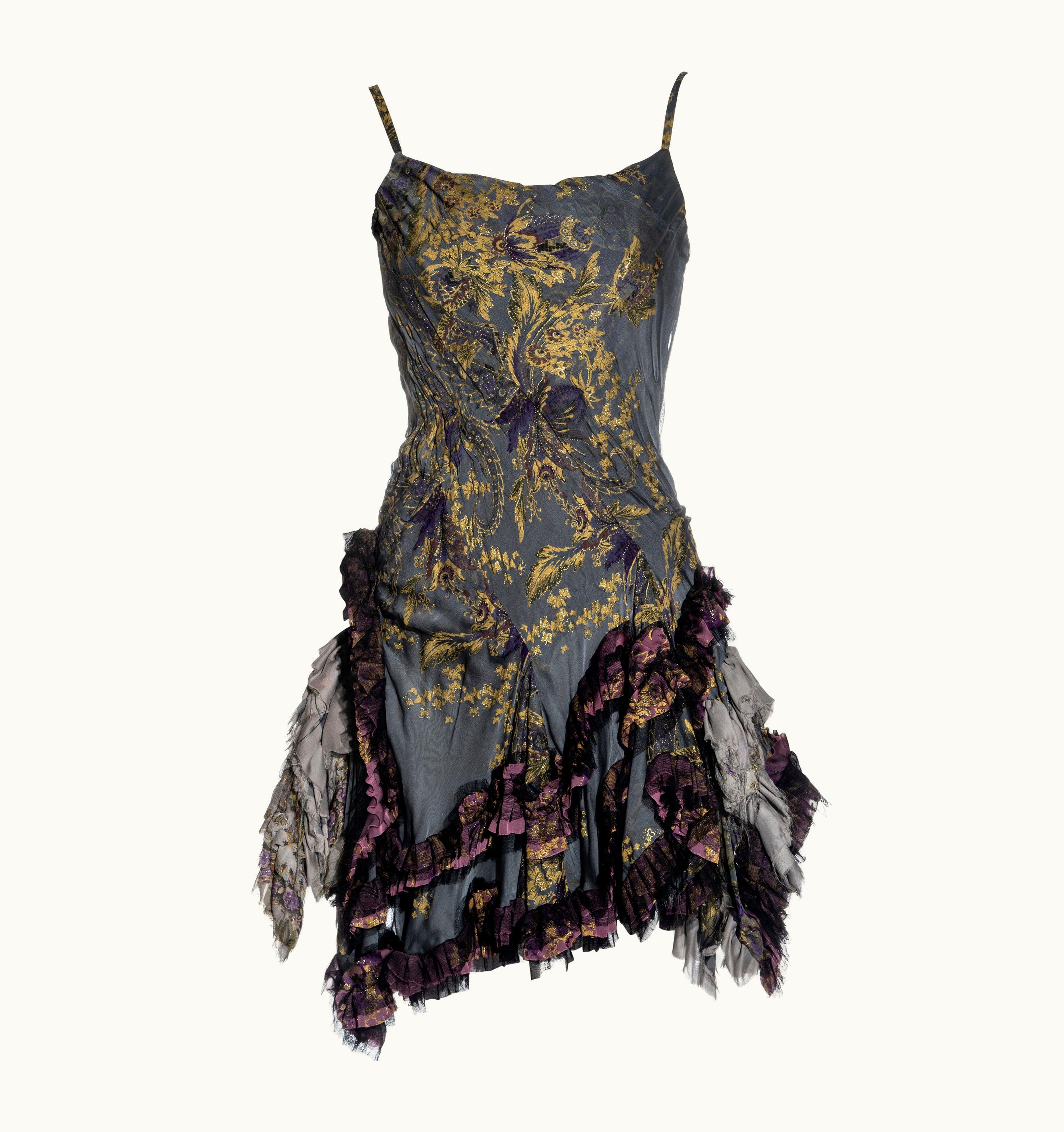 Roberto Cavalli Roberto Cavalli Blue-grey And Gold Brocade-print Silk Corset Mini Dress, AW 2004