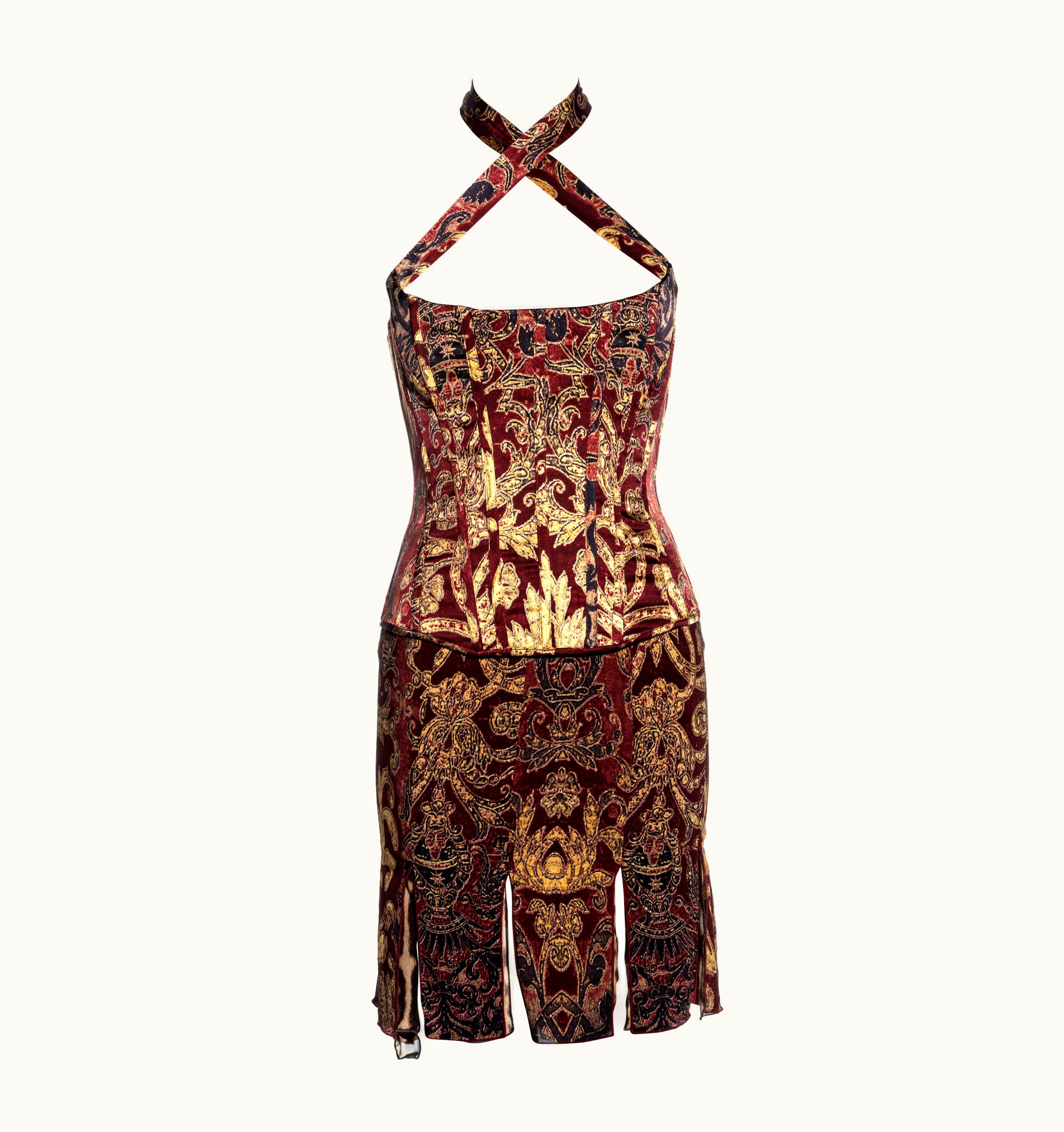 Roberto Cavalli Roberto Cavalli Red And Gold Brocade-print Silk Corset And Skirt Set, AW 2004