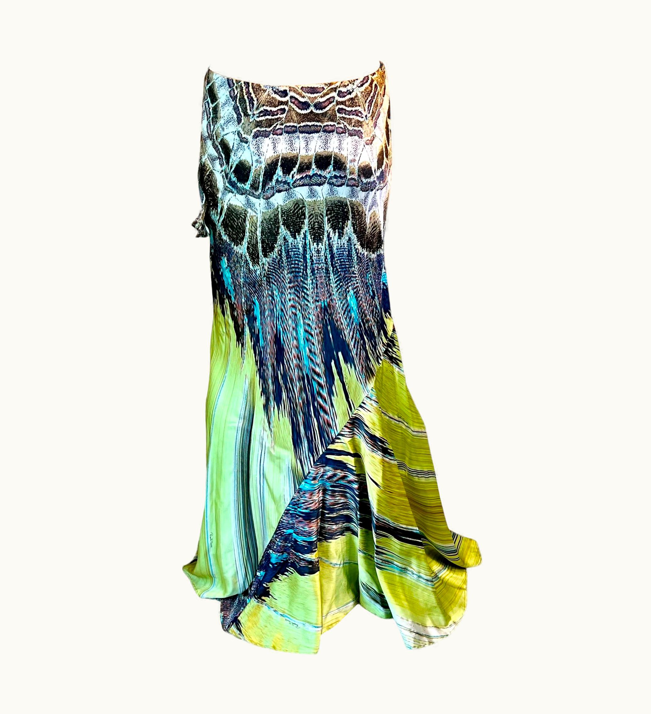 Roberto Cavalli Roberto Cavalli S/S 2004 Asymmetric High-Low Feather Print Silk Train Maxi Skirt