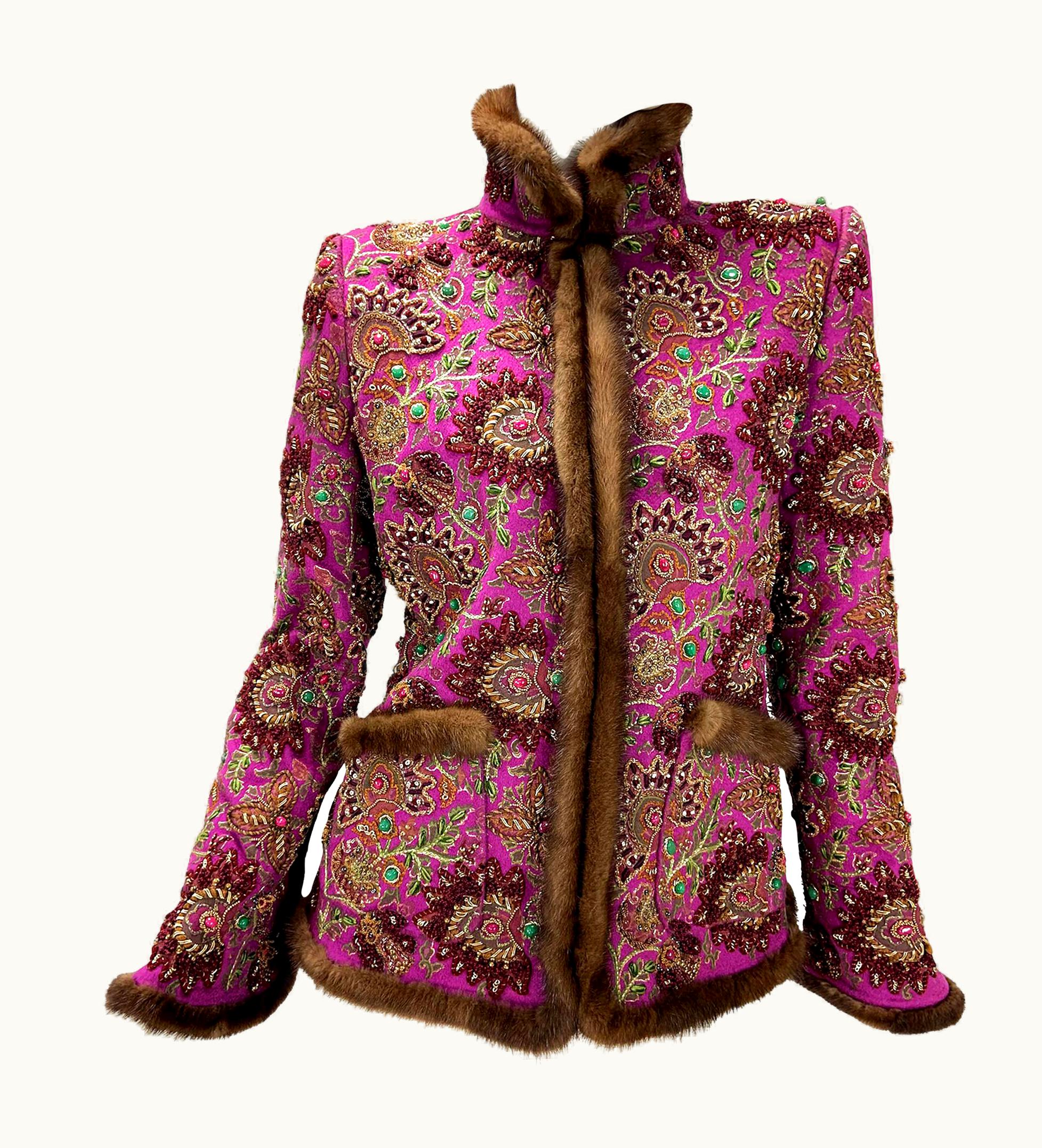 Oscar De La Renta Oscar De La Renta AW 2004 Cashmere Sable Beaded Embroidered Jacket For Queen