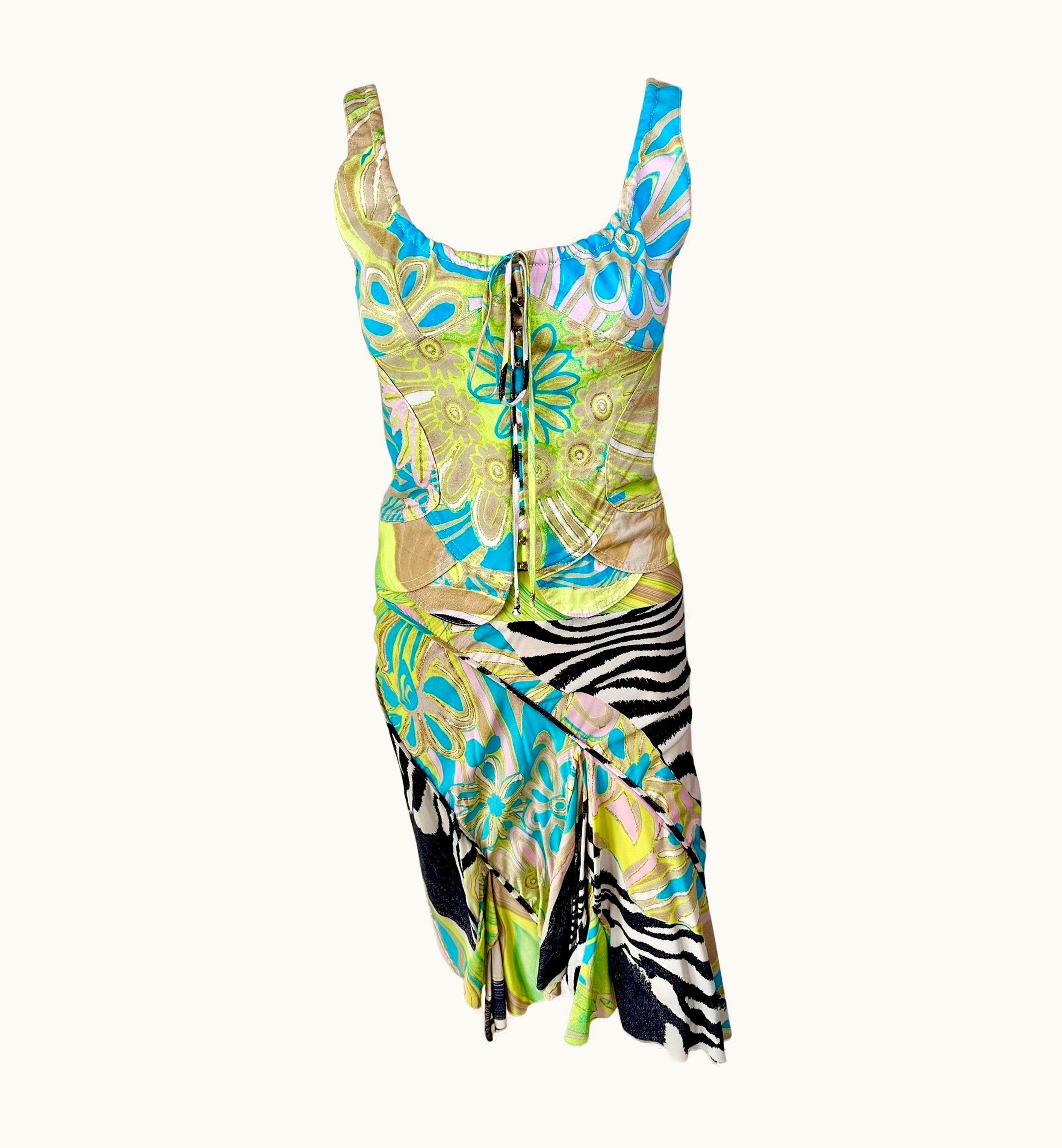 Roberto Cavalli Roberto Cavalli S/S 2004 Corset Bustier Crop Top & Skirt 2 Piece Set Ensemble