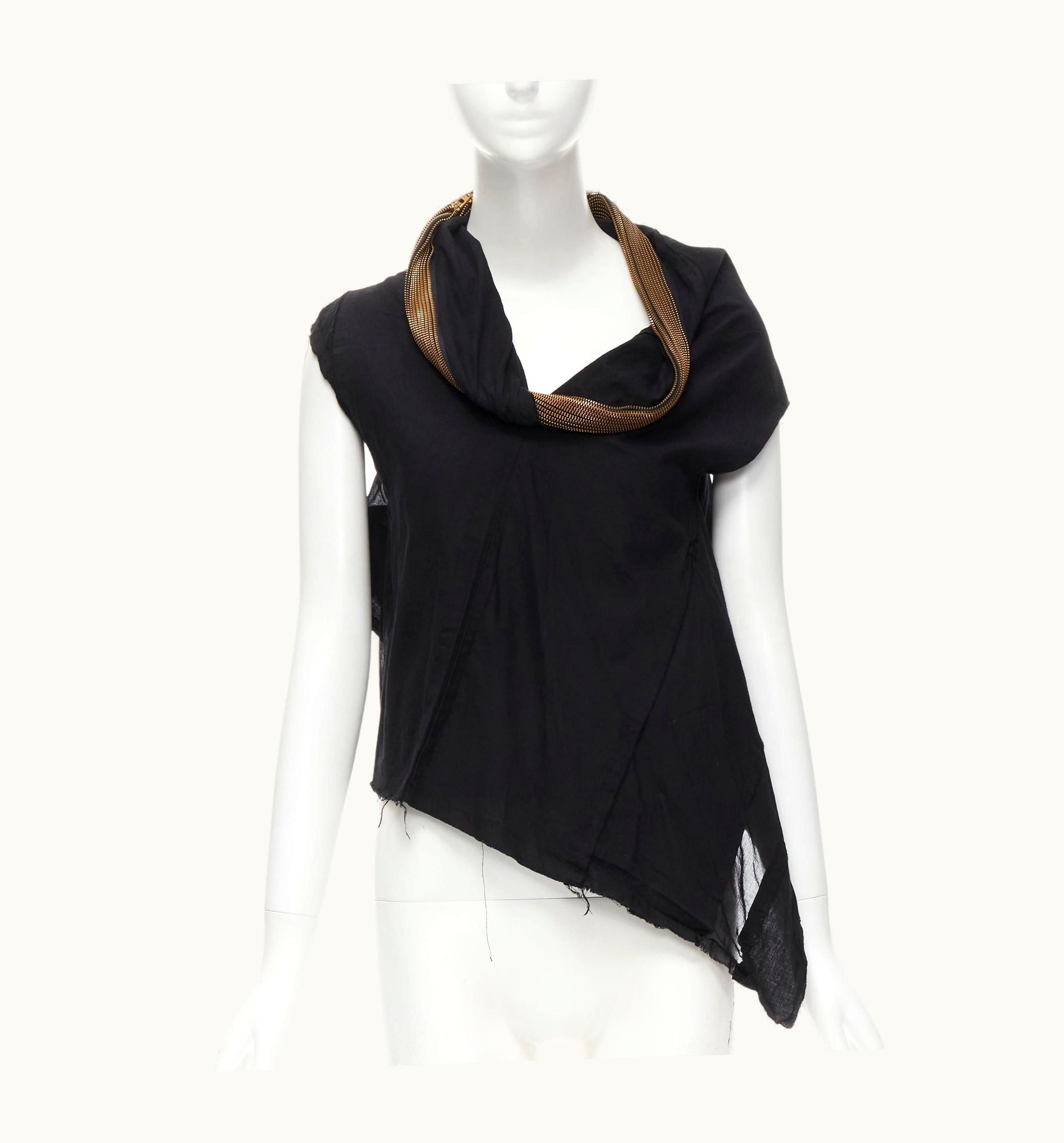 Junya Watanabe Junya Watanabe 2004 Black Cotton Gold Twisted Zipper Collar Bias Raw Cut Vest