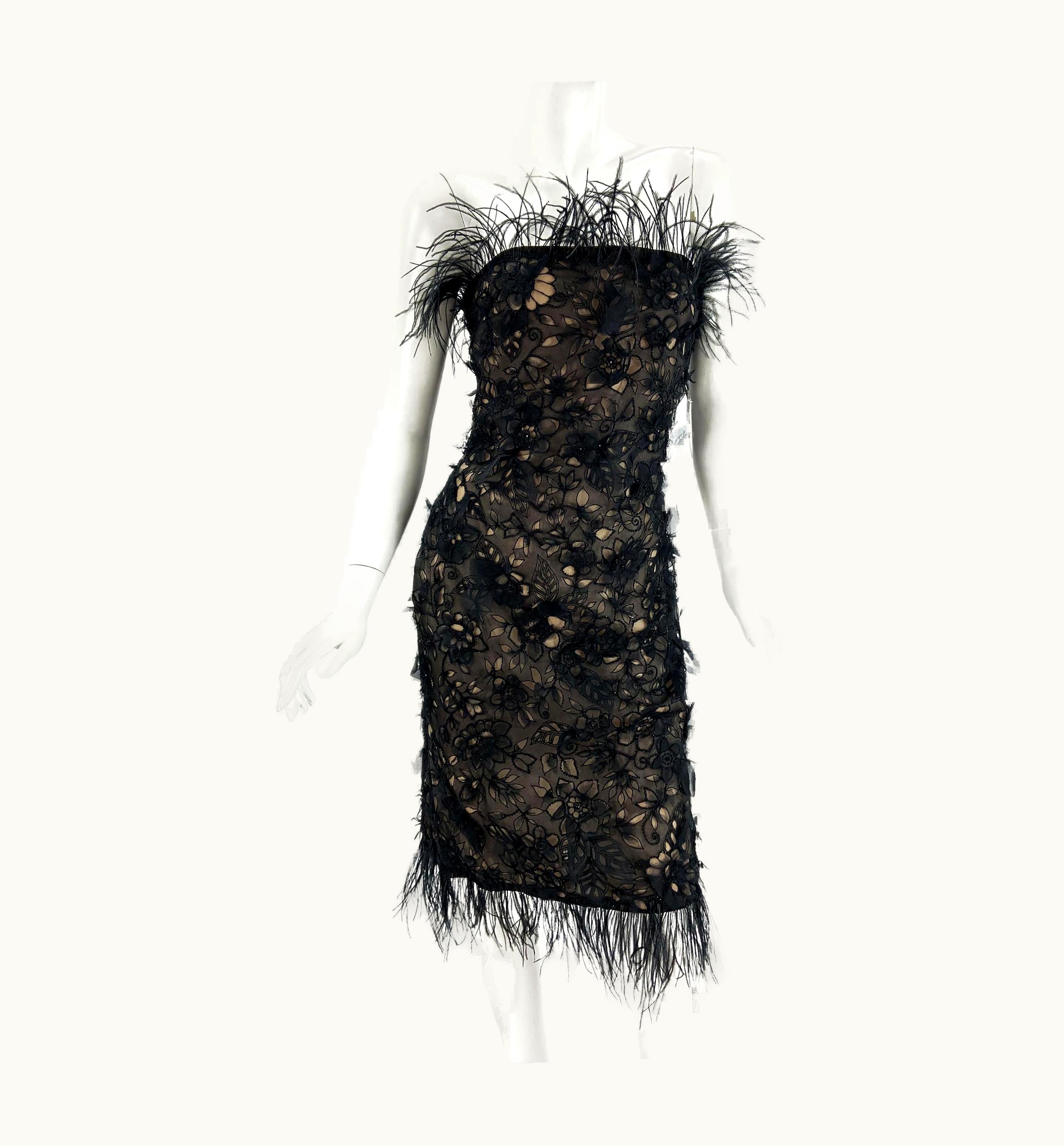 Oscar De La Renta Oscar De La Renta AW 2004 Black Silk Ostrich Feather Beaded Embellished Dress