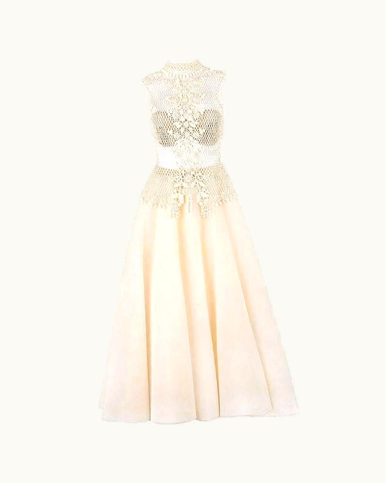 Oscar De La Renta Oscar De La Renta 2 Piece Ivory Beaded Crochet Top Tulle Skirt Set 6 S/S 2004