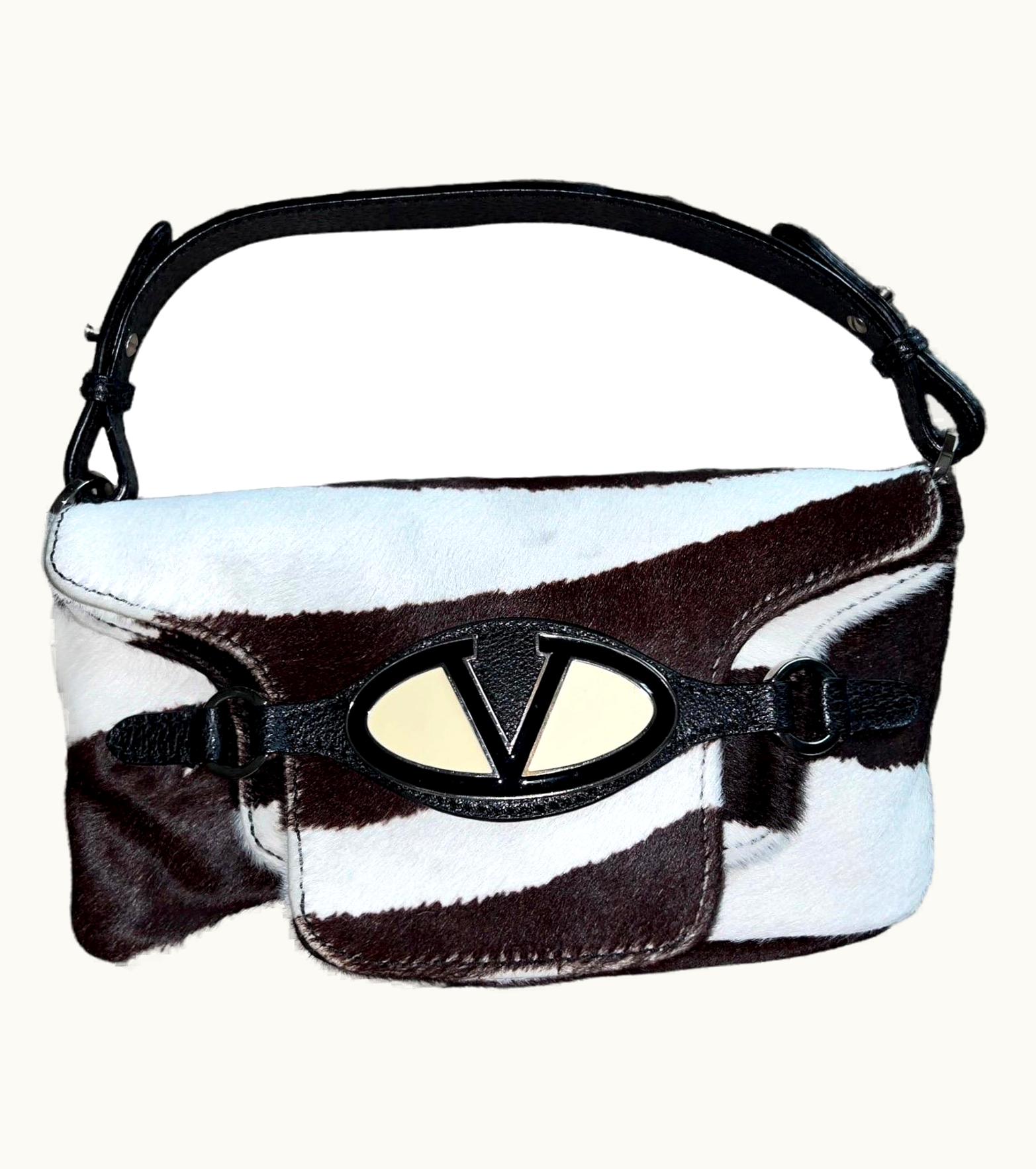 Valentino Rare Valentino Y2k Fur & Leather V Logo Baguette Double Flap Clutch Handbag