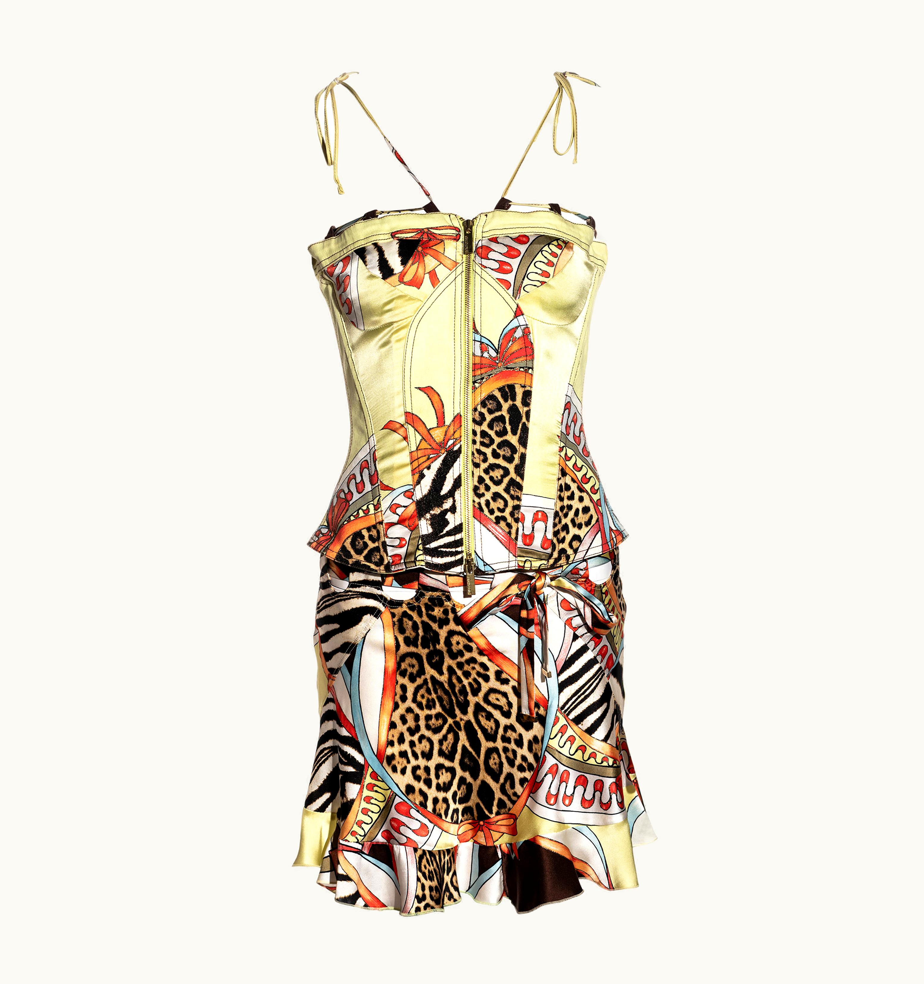 Roberto Cavalli Roberto Cavalli Chartreuse Printed Silk Corset And Mini Skirt Set, S/S 2004