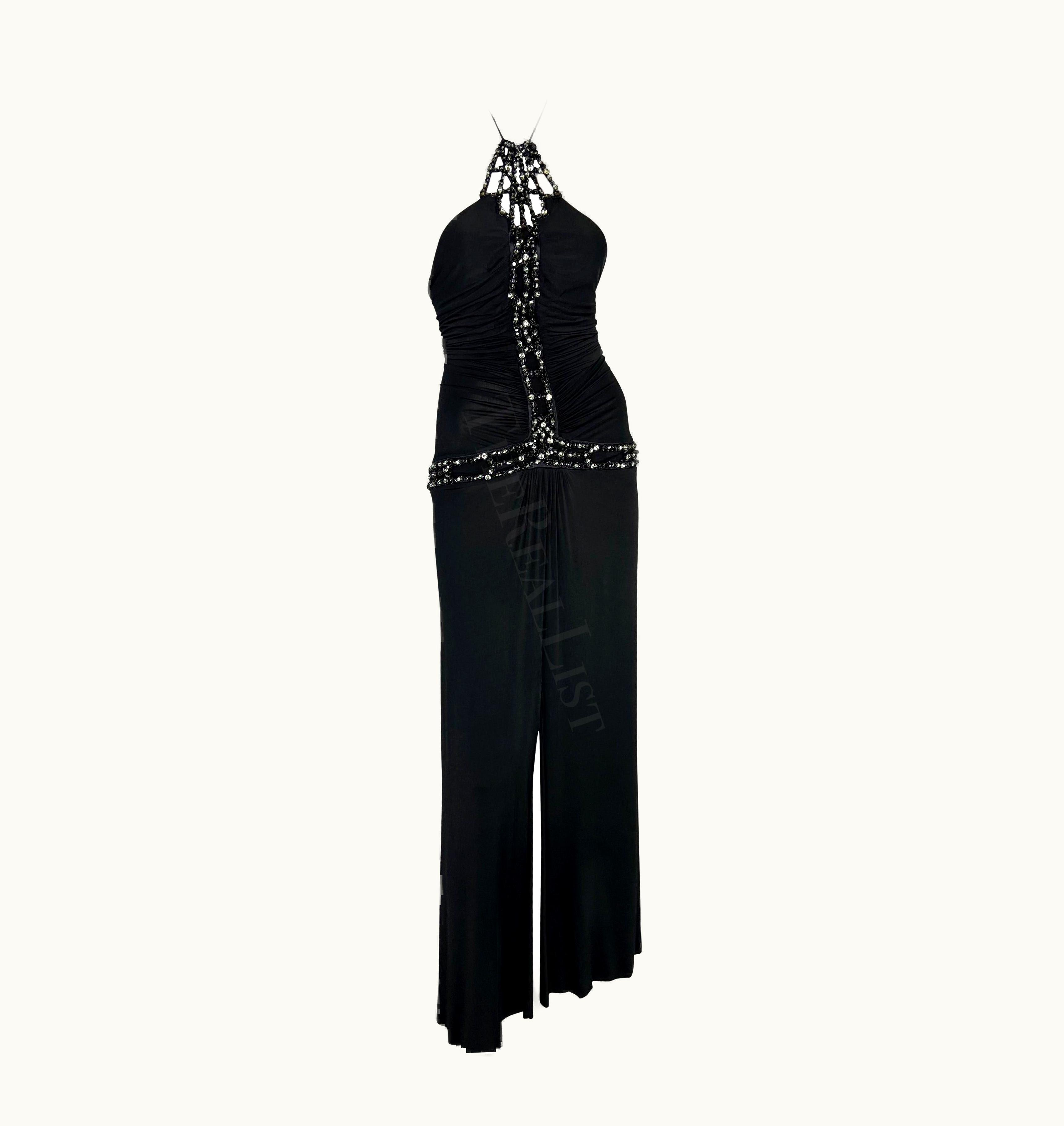 Roberto Cavalli S/S 2005 Roberto Cavalli Rhinestone Ruched Bodycon Stretch Black Halter Gown