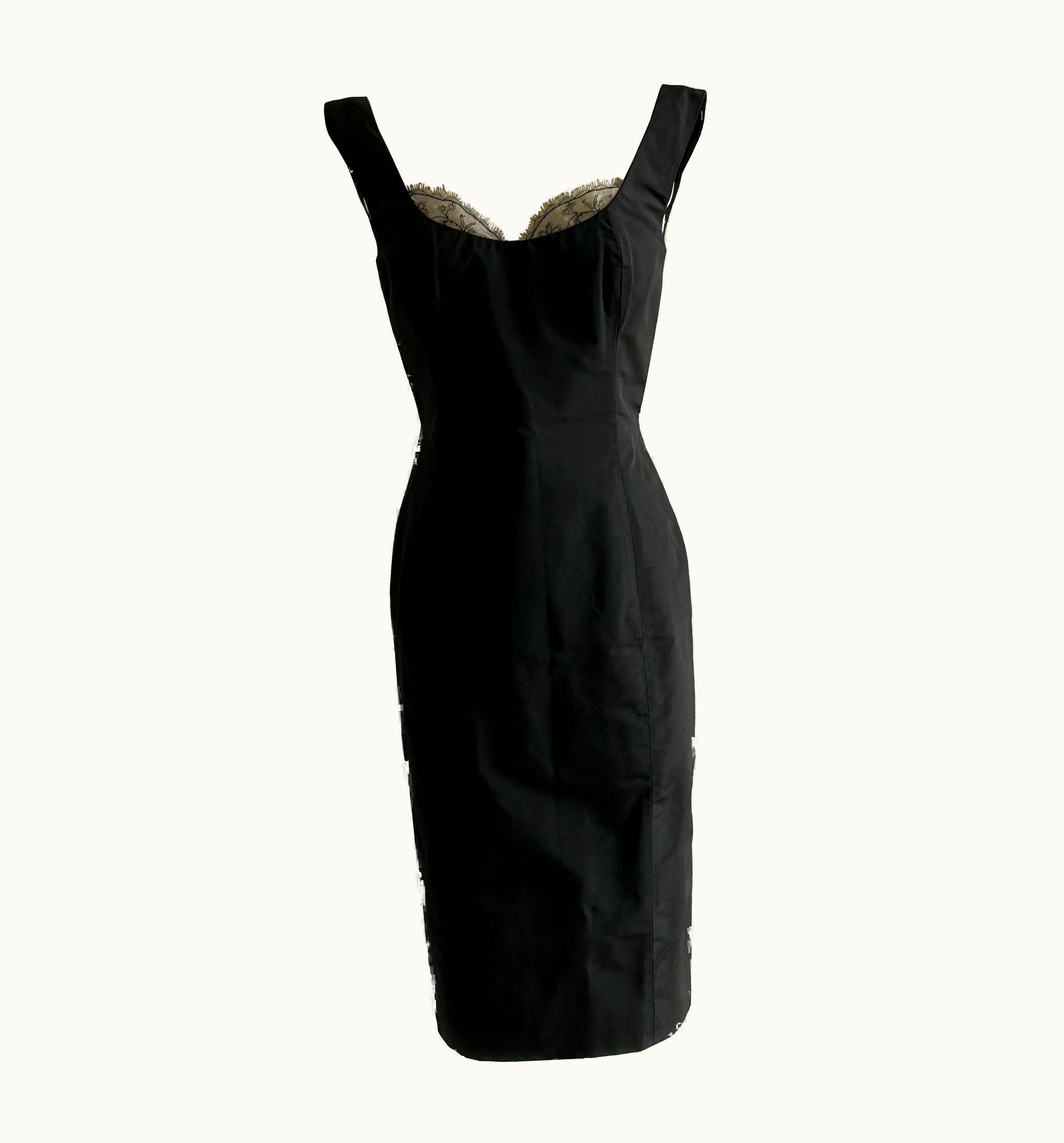 Alexander McQueen Alexander McQueen 2005 Black Silk Sleeveless Midi Cocktail Dress With Lace Trim UZ0604042
