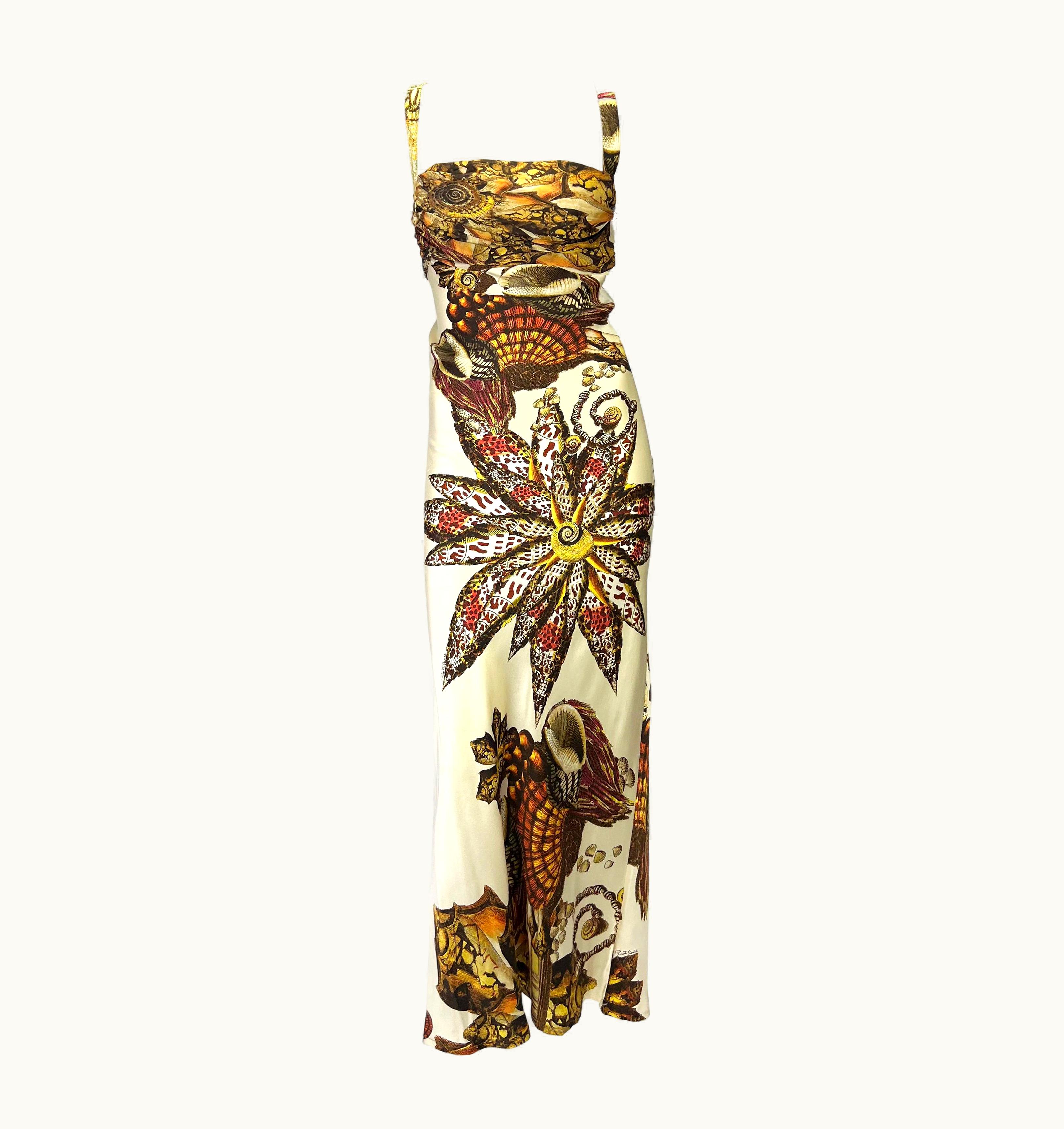 Roberto Cavalli S/S 2005 Roberto Cavalli Silk Seashell Print Cream Satin Chiffon Maxi Dress