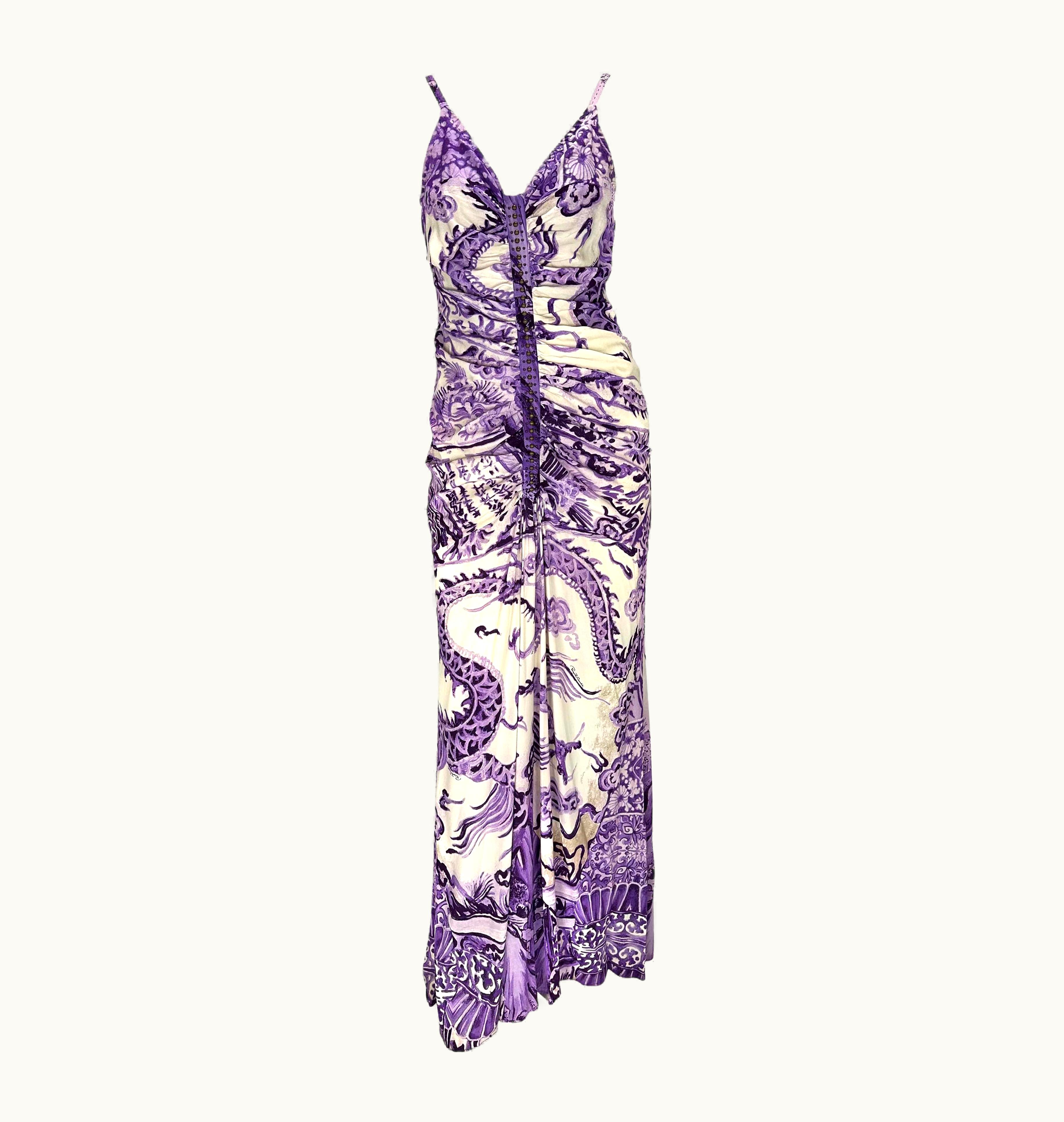 Roberto Cavalli AW 2005 Roberto Cavalli Ming Vase Print Studded Purple Flare Chinoiserie Gown
