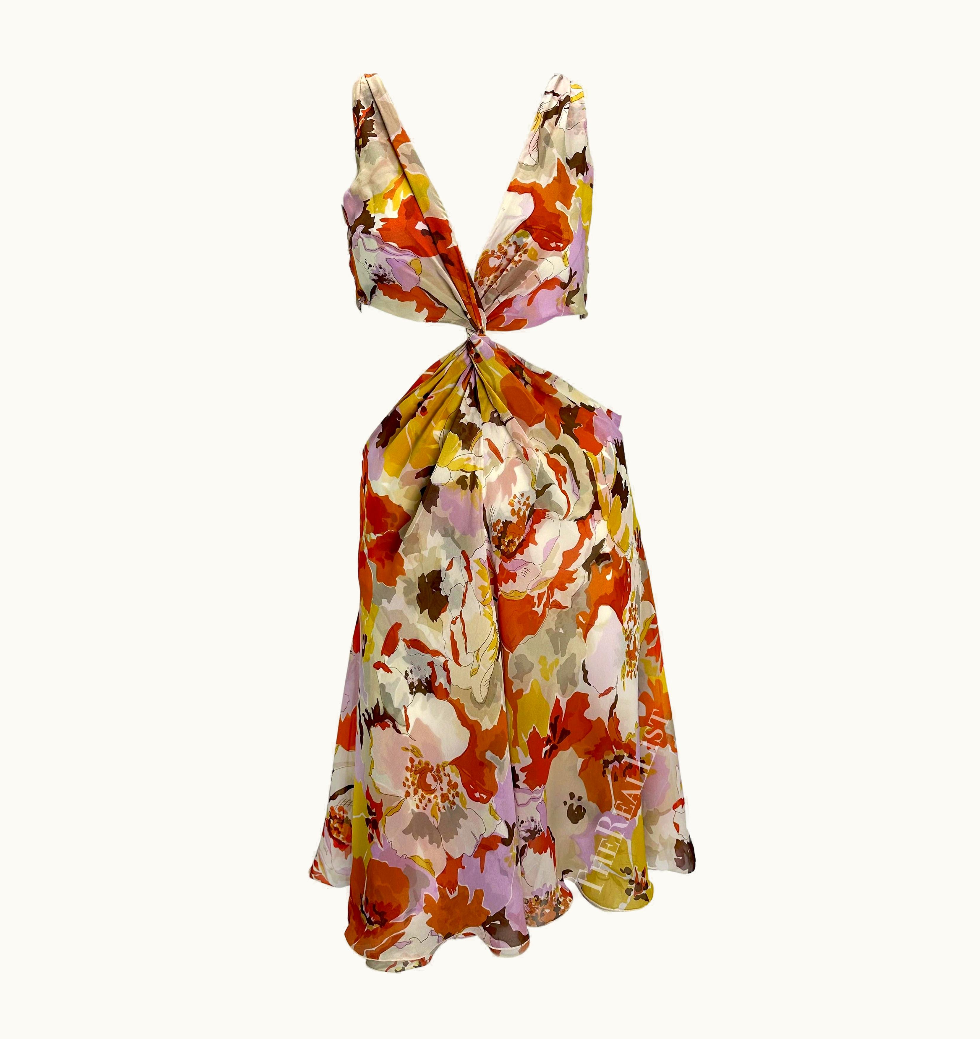 Valentino S/S 2005 Valentino Runway Plunging Pink Orange Floral Cut Out Twist Dress