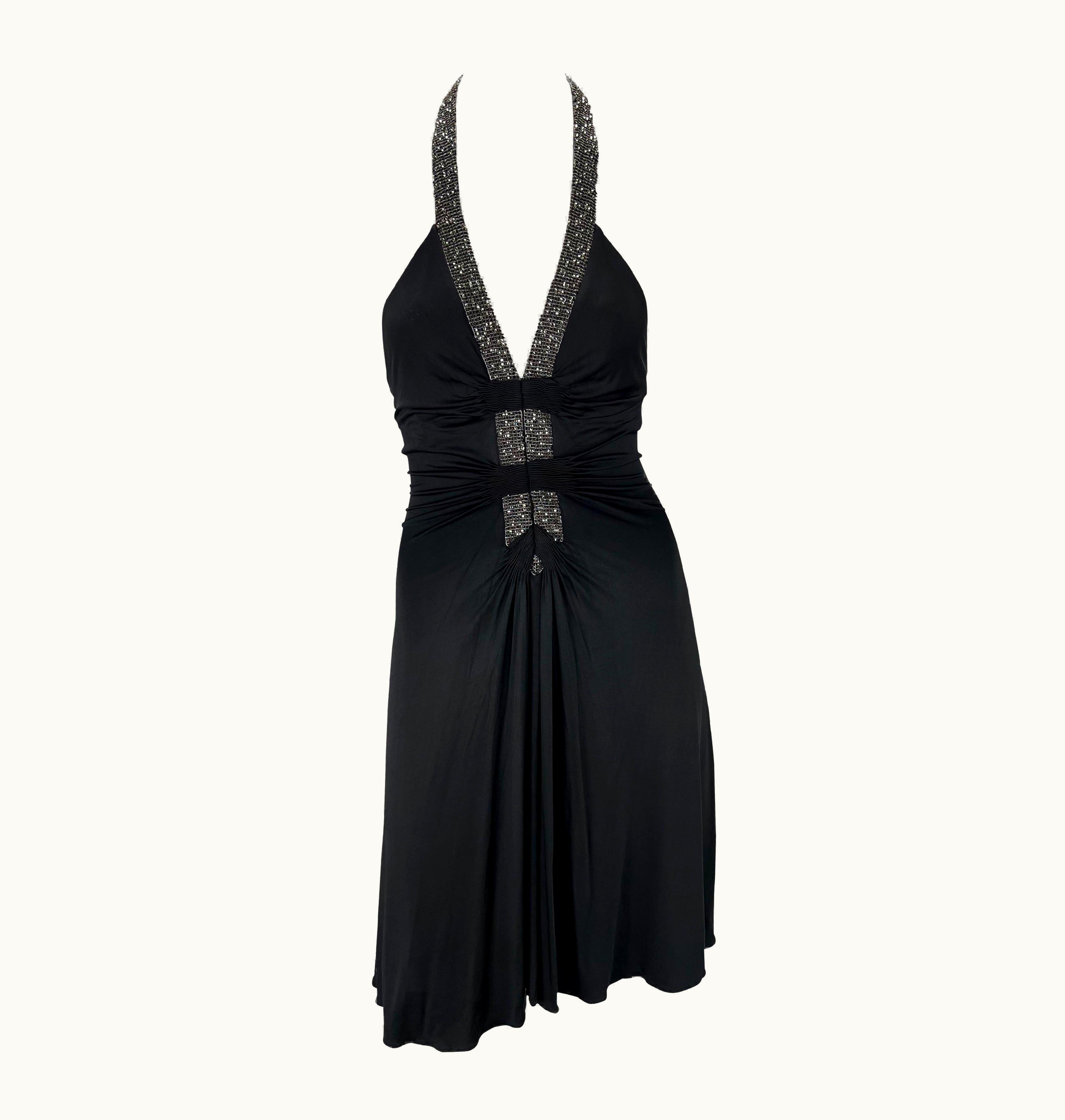 Roberto Cavalli S/S 2005 Roberto Cavalli Viscose Blend Rhinestone Beaded Halter Neck Flare Dress