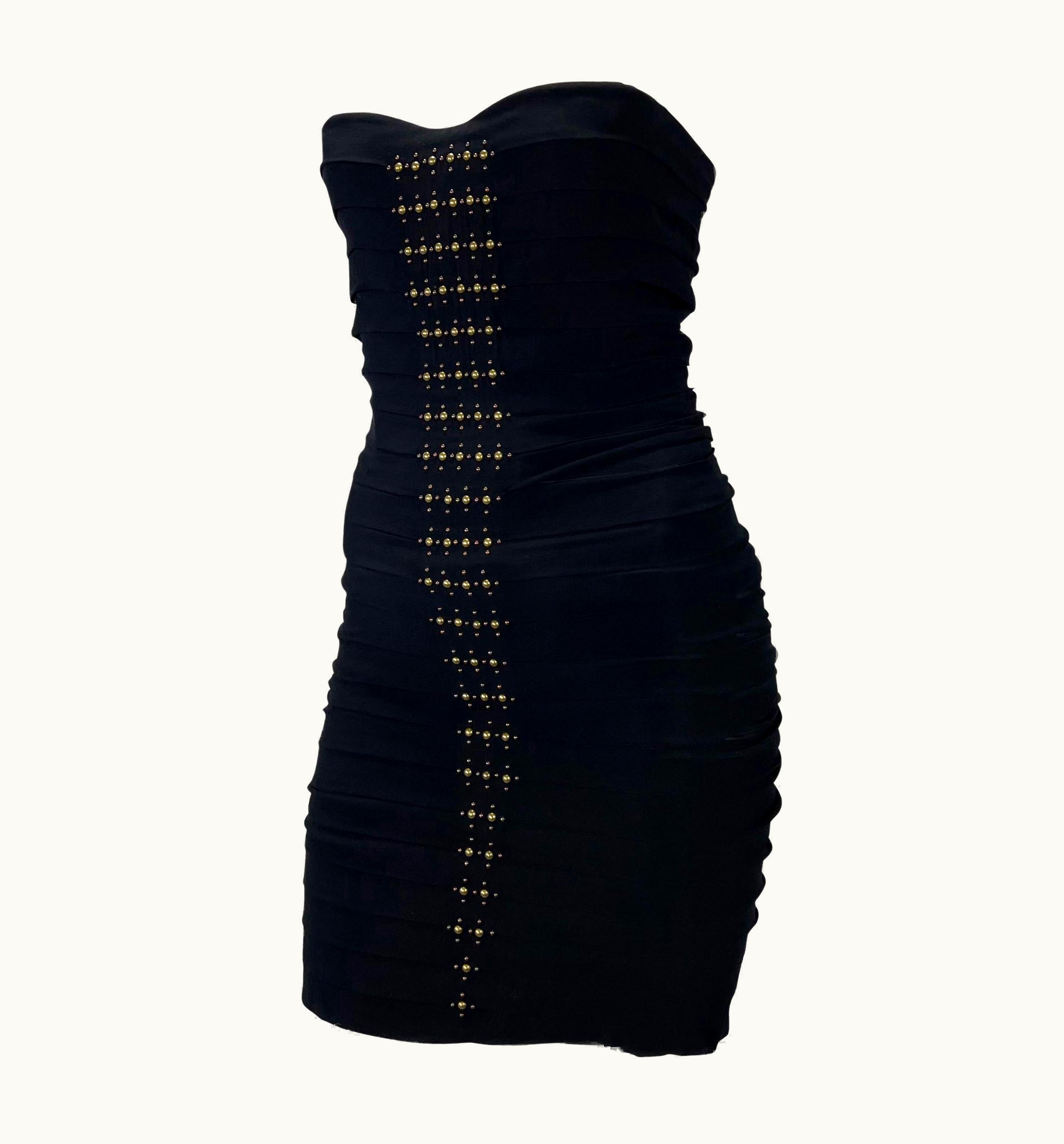 Roberto Cavalli AW 2005 Roberto Cavalli Runway Black Studded Pleat Boned Strapless Mini Dress