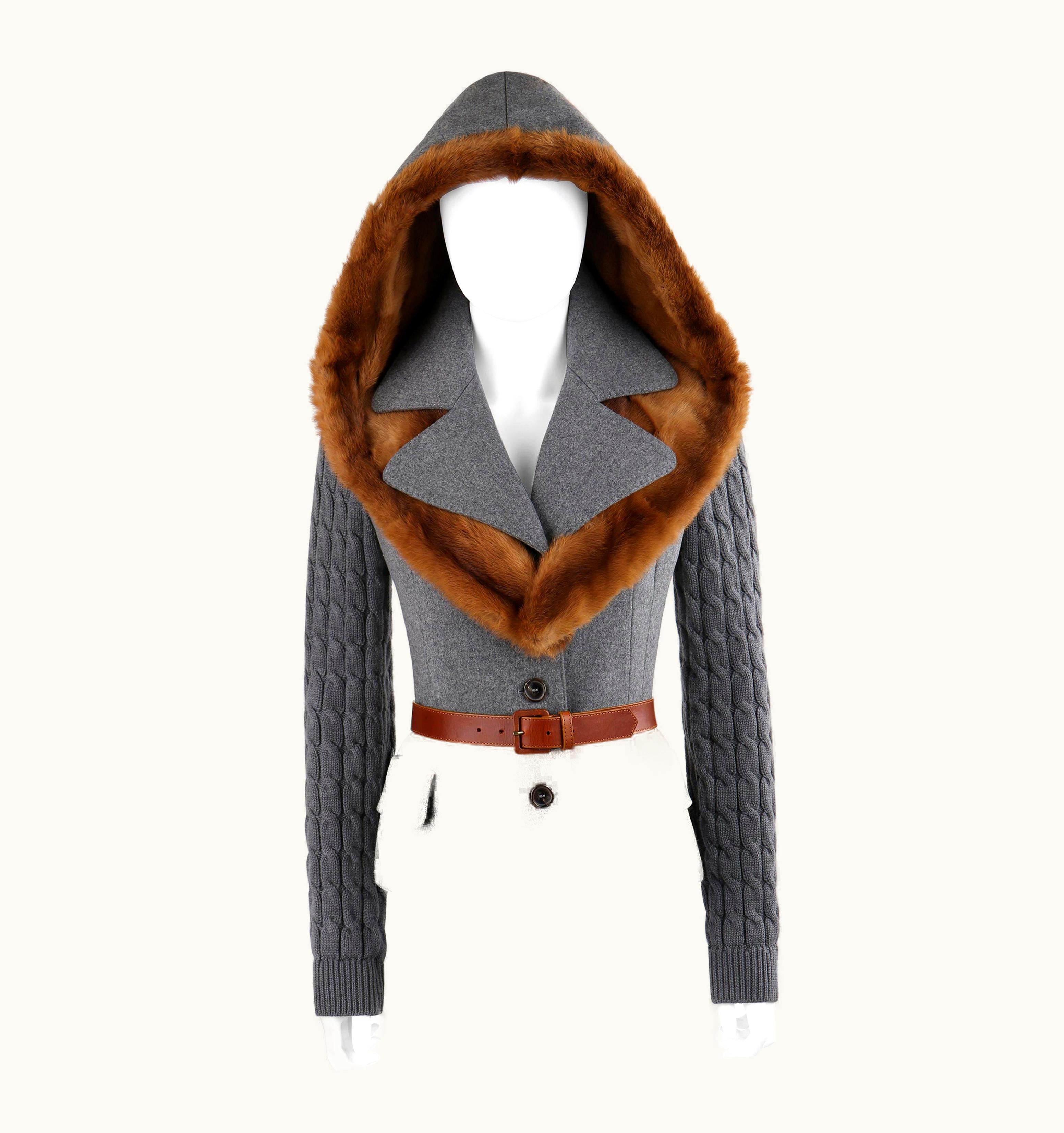 Alexander McQueen Alexander McQUEEN AW 2005 Gray Brown Mink Fur Removable Hood Belted Jacket Coat